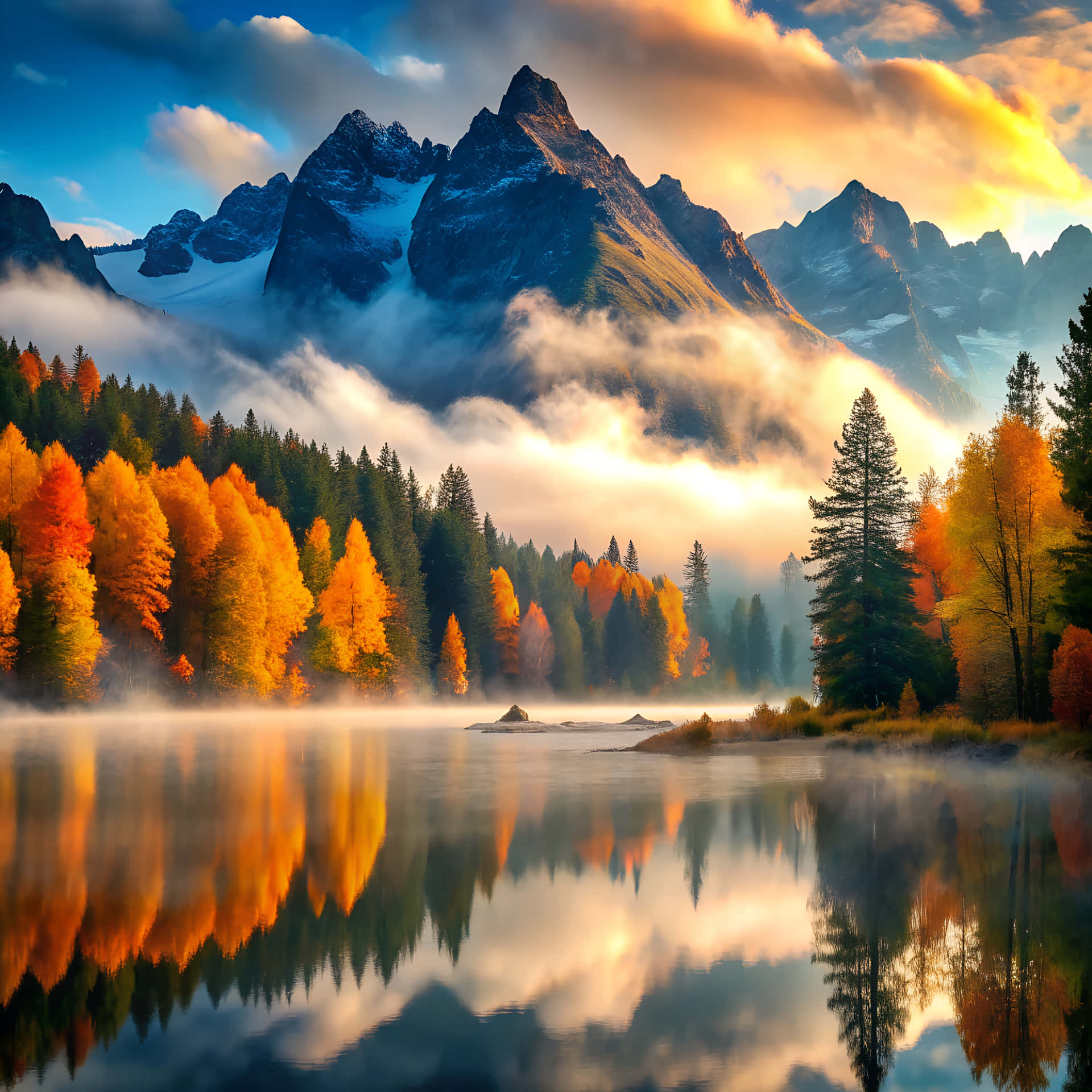 Landscape with lake 壁紙 — 寧靜的湖面映照著火紅的秋樹和積雪的山峰，在金色日出下。