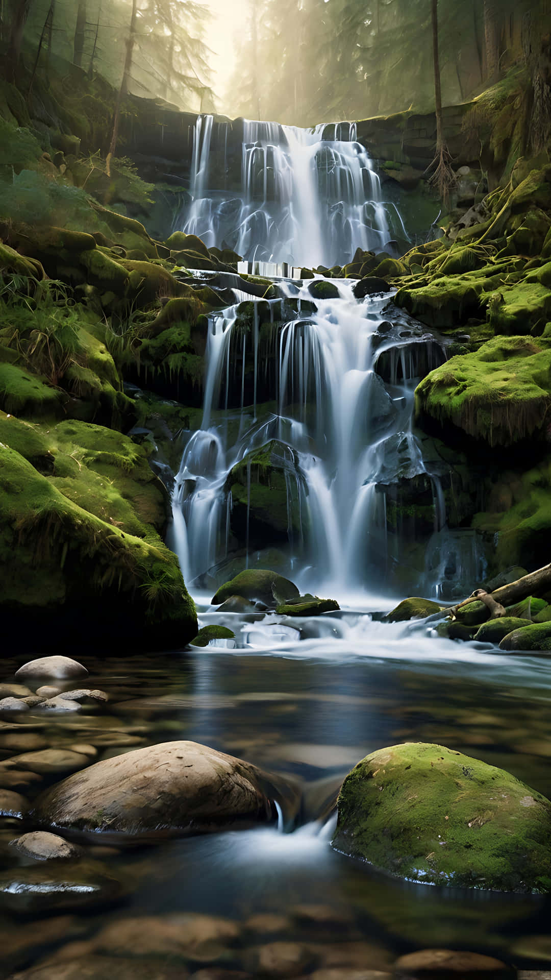The Whispering Waterfall – A Nature's Tale. smartphone wallpaper 壁紙 — 寧靜的瀑布流過長滿苔蘚的岩石，陽光透過高大的樹木灑下柔和的光線。