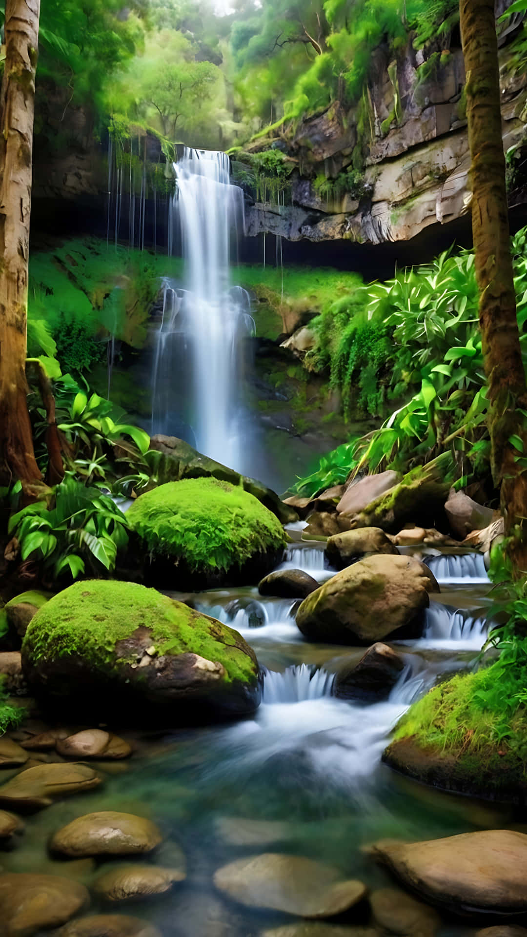 Enchanting Waterfall Retreat in Nature's Lap. smartphone wallpaper 壁紙 — 寧靜的瀑布穿過茂密的綠色叢林，有長滿苔蘚的岩石和流淌的溪流。