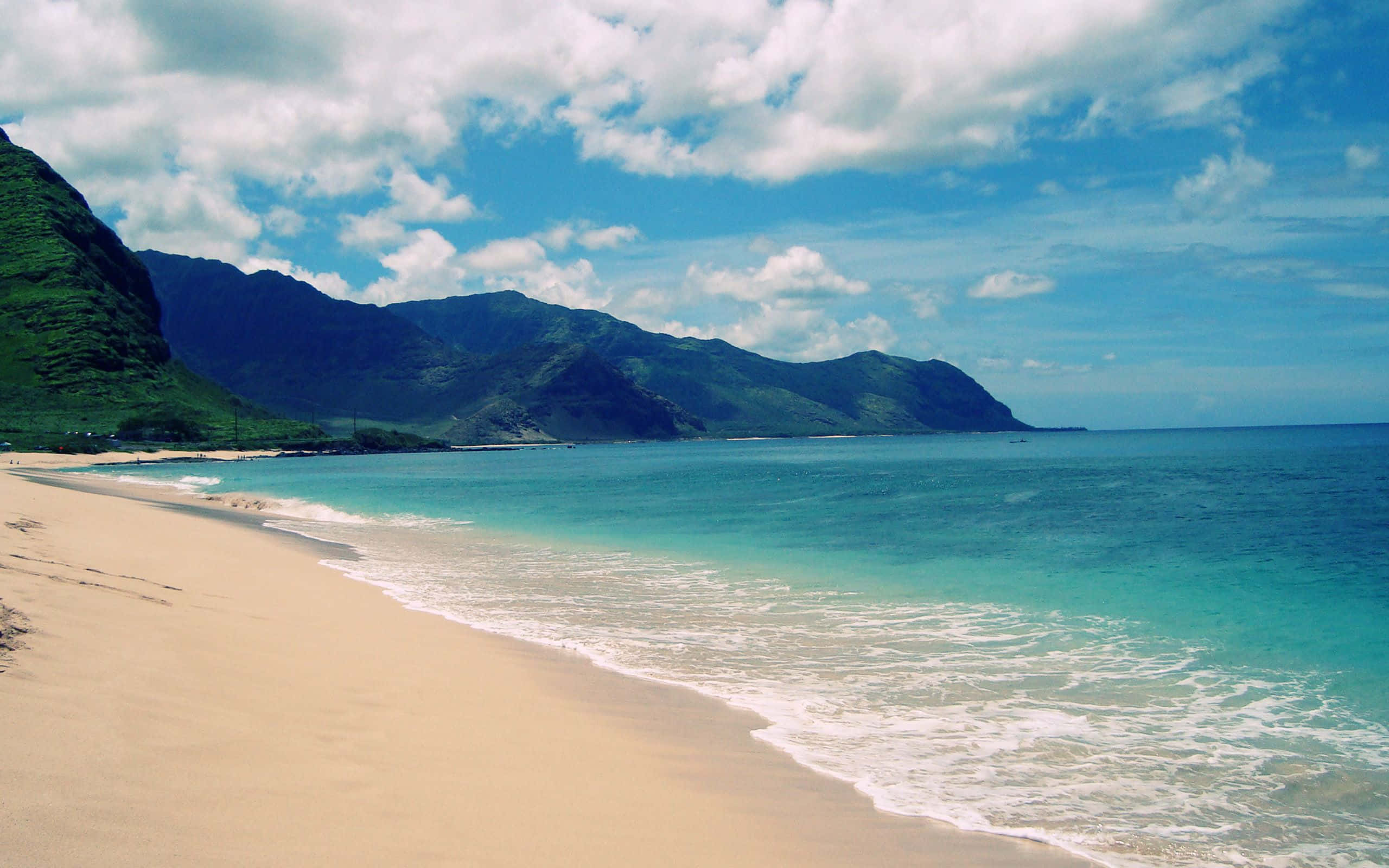 Hawaiian Beach 桌布 壁紙 — 寧靜的熱帶海灘，碧綠的海水拍打著金色沙灘，四周是鬱鬱蔥蔥的青山，頭頂是明亮的藍天和蓬鬆的白雲。