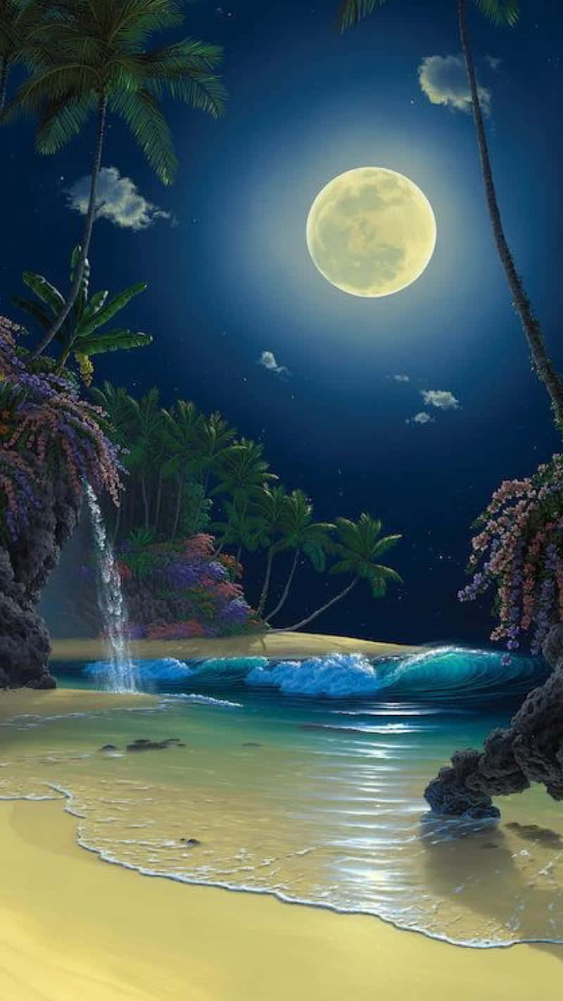 海灘 桌布 壁紙 — 寧靜的熱帶海灘夜晚，在明亮的滿月下，棕櫚樹和瀑布傾瀉入碧綠的海水中。