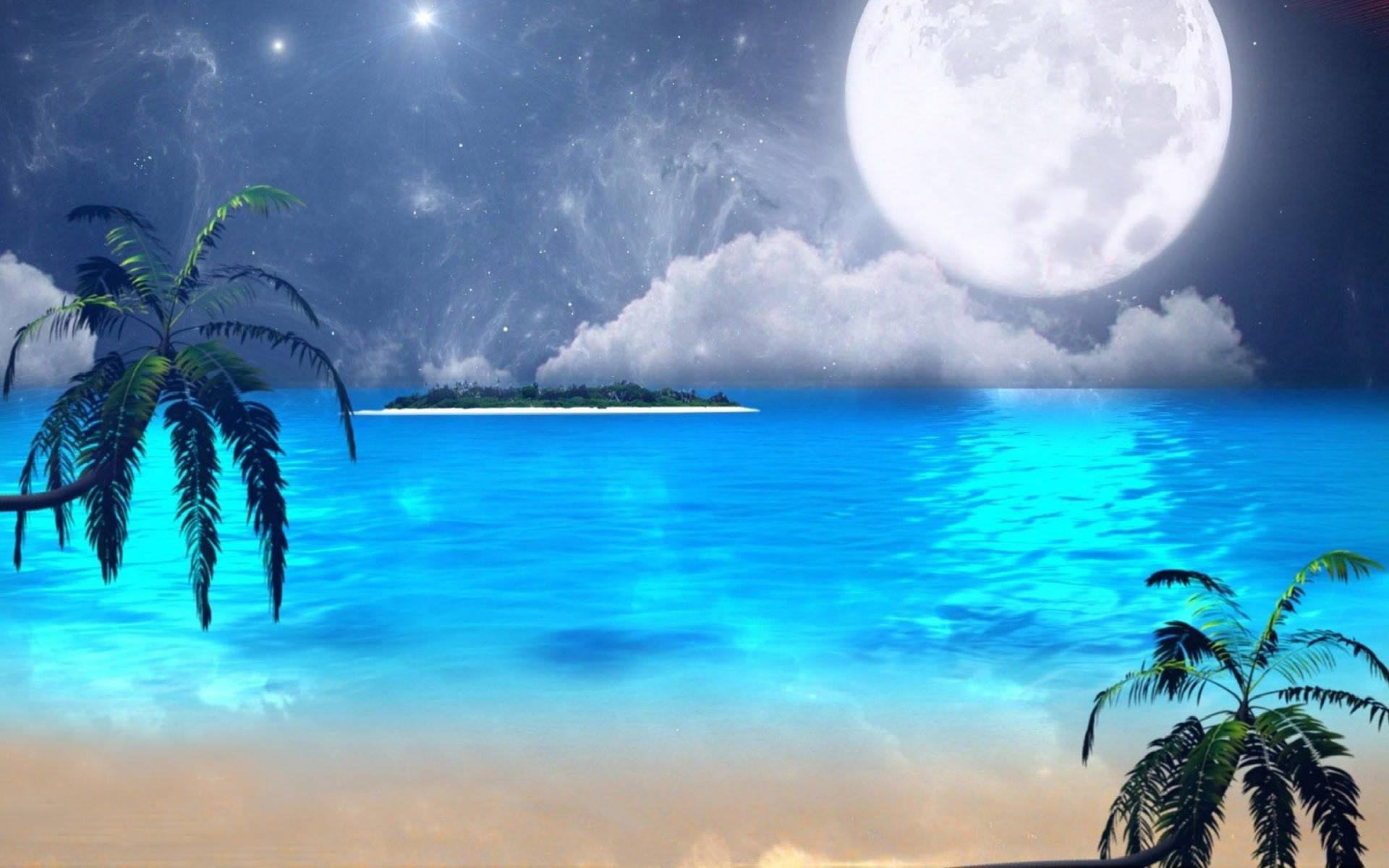 Beautiful Full Moon 桌布 壁紙 — 寧靜的熱帶海灘夜晚，巨大月亮下棕櫚樹環繞遠方島嶼，閃爍藍色海水。