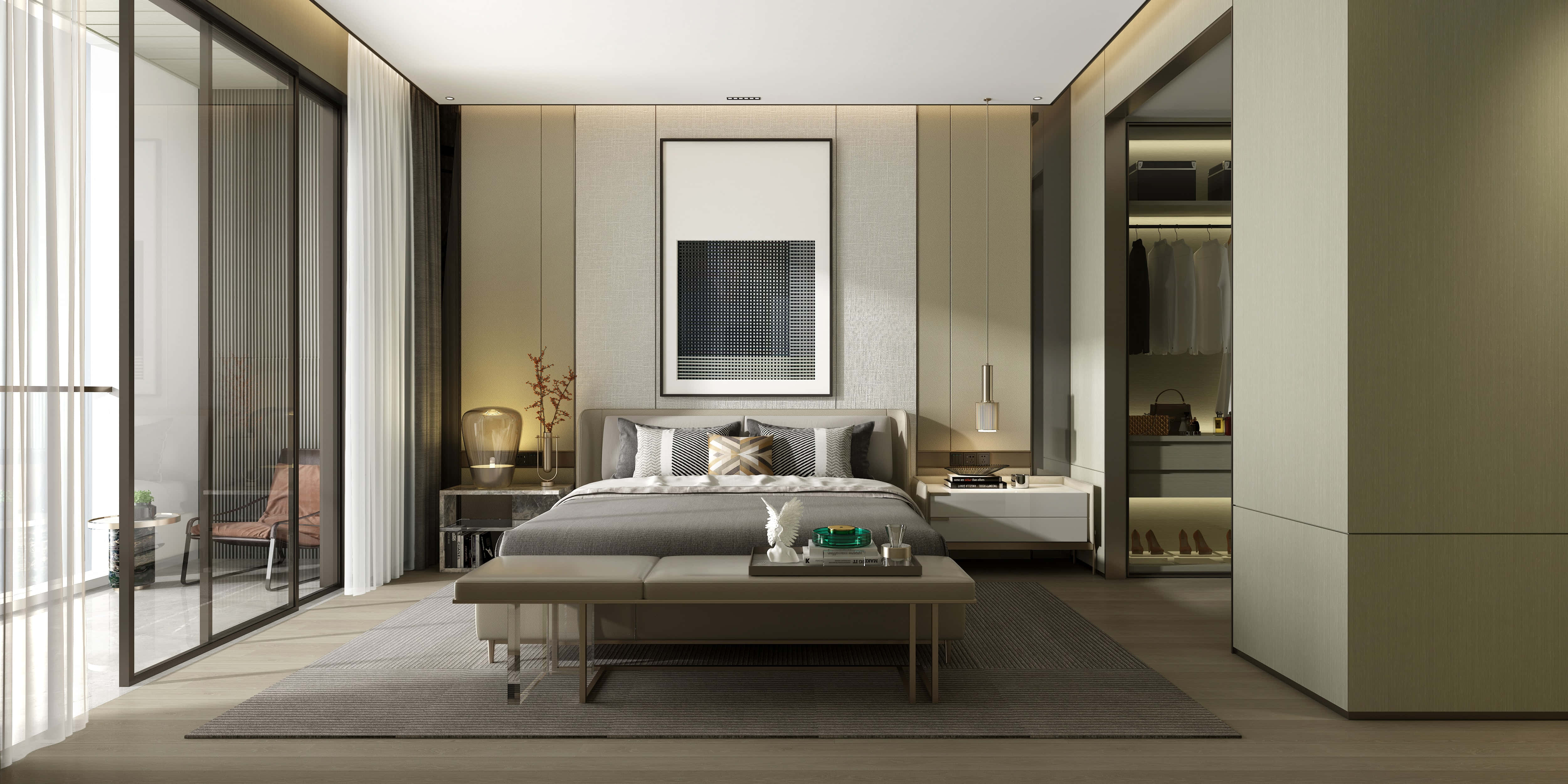 Bedroom 桌布 壁紙 — 寧靜的現代臥室，配有簡約家具、中性色調，以及來自壁燈和床頭燈的柔和環境照明。