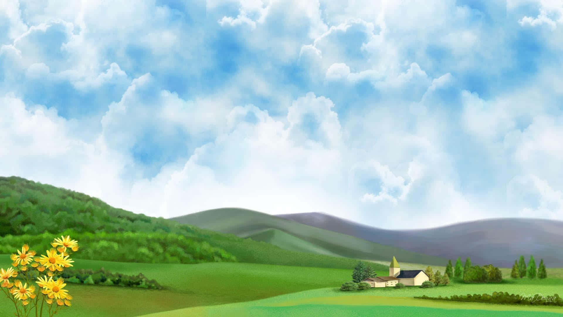 Farmhouse Desktop 桌布 壁紙 — 寧靜的田園風光，起伏的綠色山丘上點綴著野花，一座小房子在廣闊多雲的天空下。
