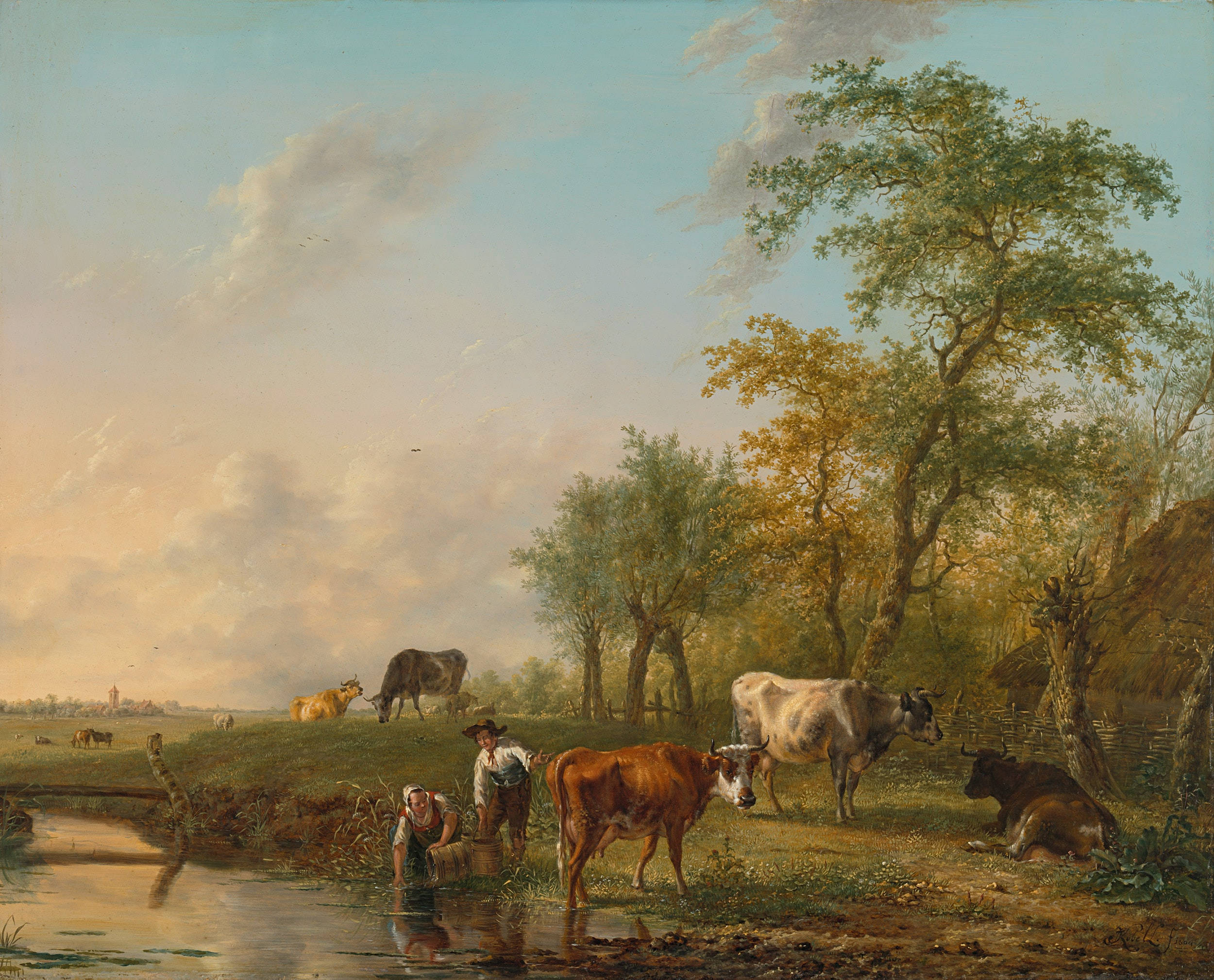 Painting 桌布 壁紙 — 寧靜的田園風光，農夫和牛群在河邊，天空柔和，雲朵散落。
