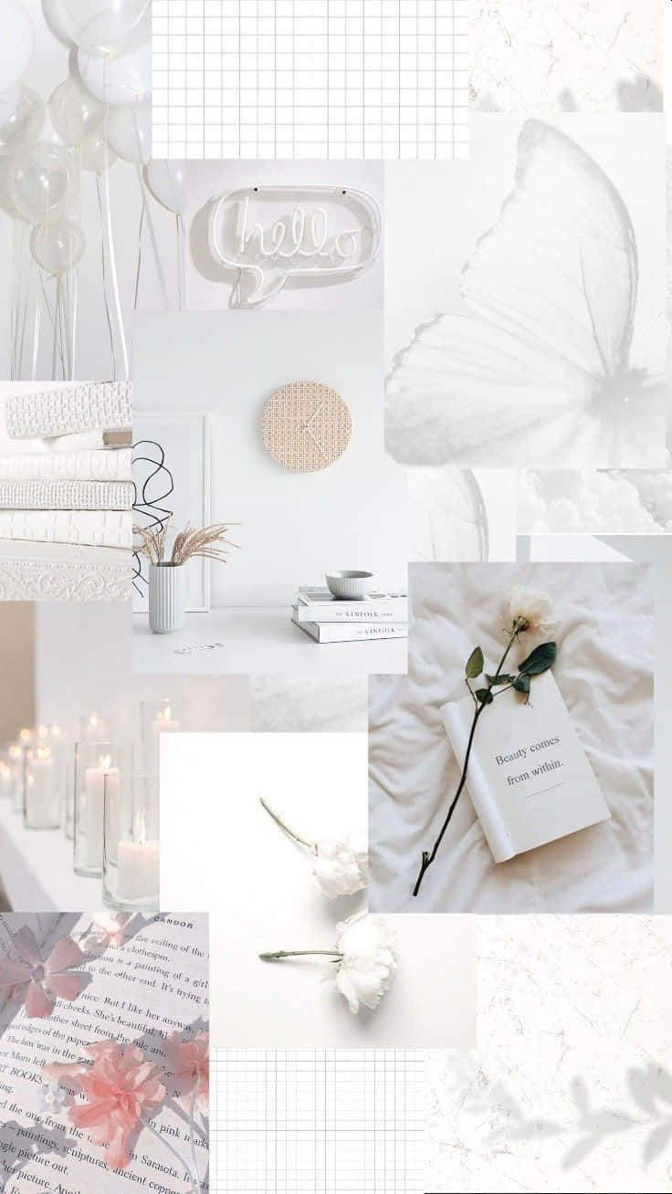 Soft White Aesthetic 桌布 壁紙 — 寧靜的白色極簡拼貼畫，包含蝴蝶、蠟燭、書籍和柔軟紡織品，營造平靜美學。