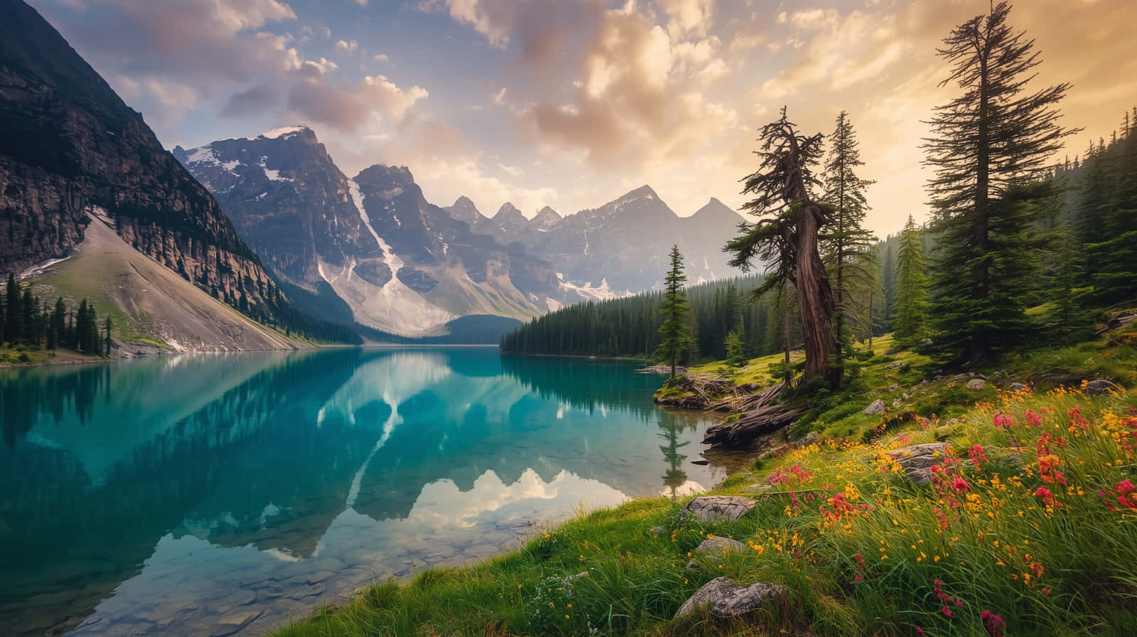 Alpine Wildflowers and Sunset Glow at Glacial Lake Wallpaper 壁紙 — 寧靜的碧綠湖面映照著積雪的山峰和金色的雲朵，野花在草岸上盛開。