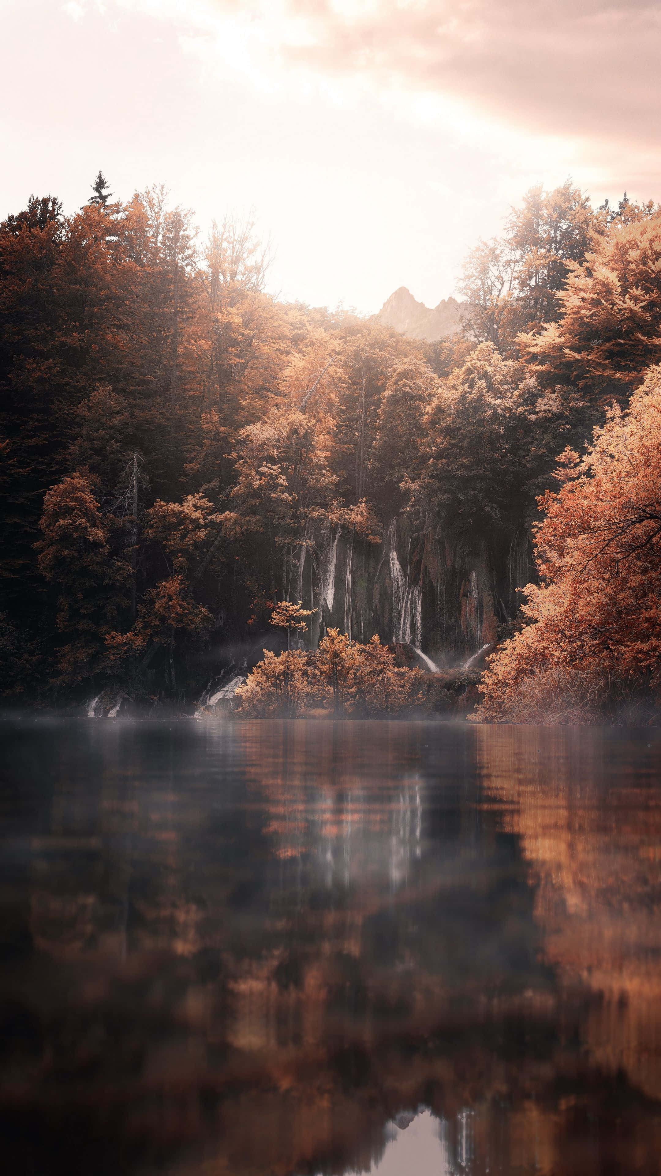 Pretty Fall 桌布 壁紙 — 寧靜的秋日森林瀑布傾瀉入霧氣瀰漫的湖泊，倒映著金色的樹木和柔和的天光。