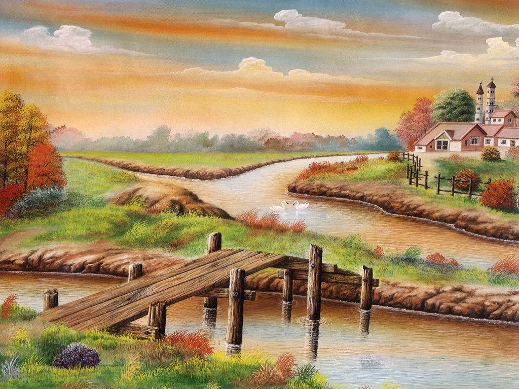 Painting 桌布 壁紙 — 寧靜的秋日河景，有木橋、天鵝和紅頂村莊，映襯著金色的日落天空。