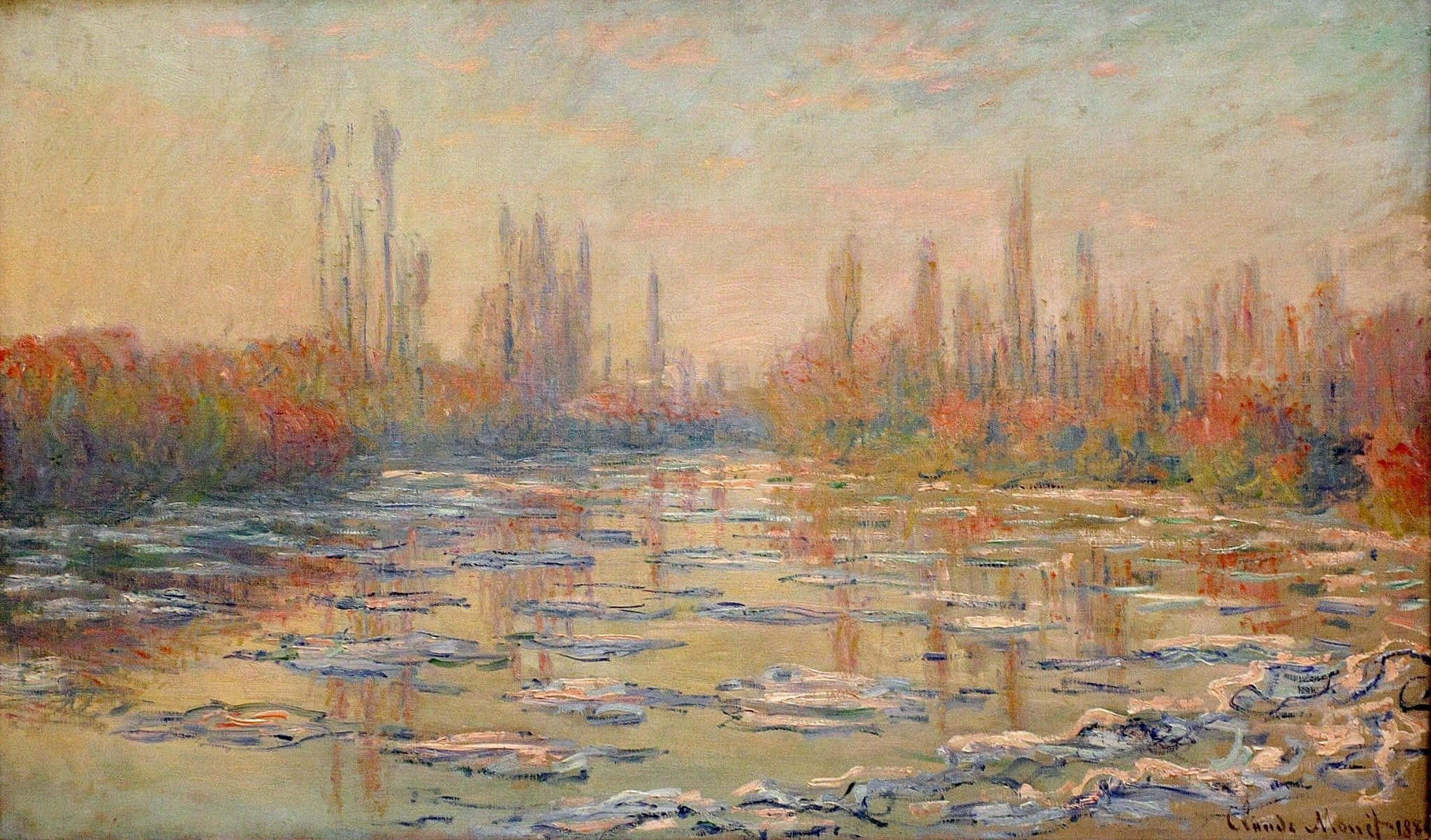 Impressionism 桌布 壁紙 — 寧靜的秋日河景，睡蓮在柔和天空下映照出橙紅色樹木的溫暖色調。
