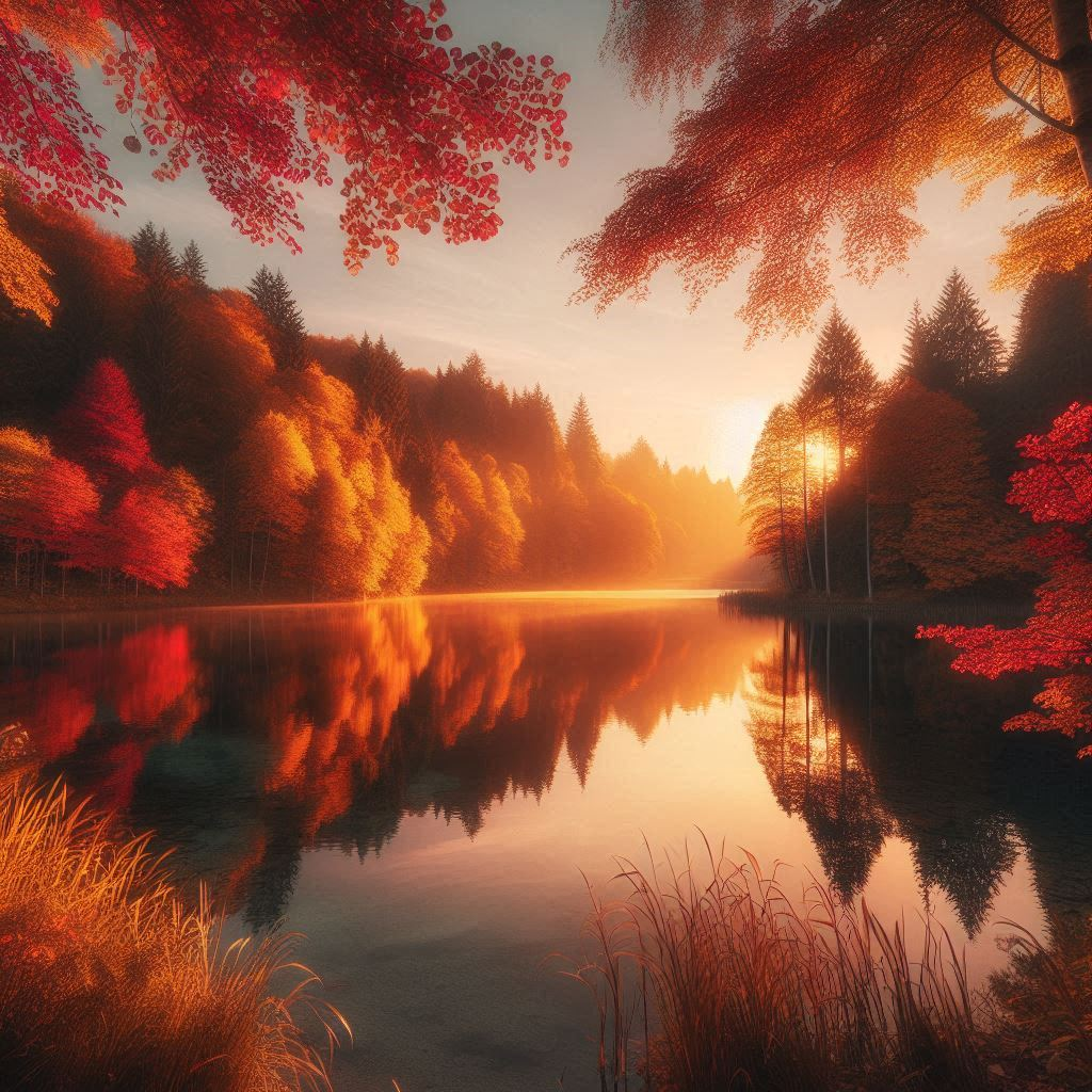 Fall 桌布 壁紙 — 寧靜的秋日湖泊映照著火紅和橙色的樹木，金色的晨光穿過霧氣瀰漫的森林。