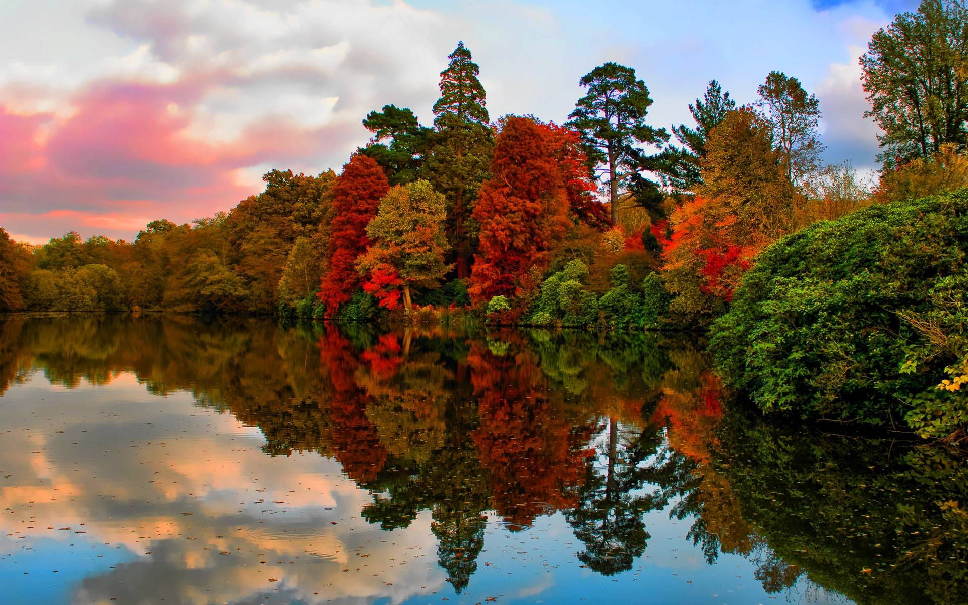 Autumn Season 桌布 壁紙 — 寧靜的秋日湖泊映照著火紅和金黃的樹木，在柔和粉紅和藍色的日落天空下。