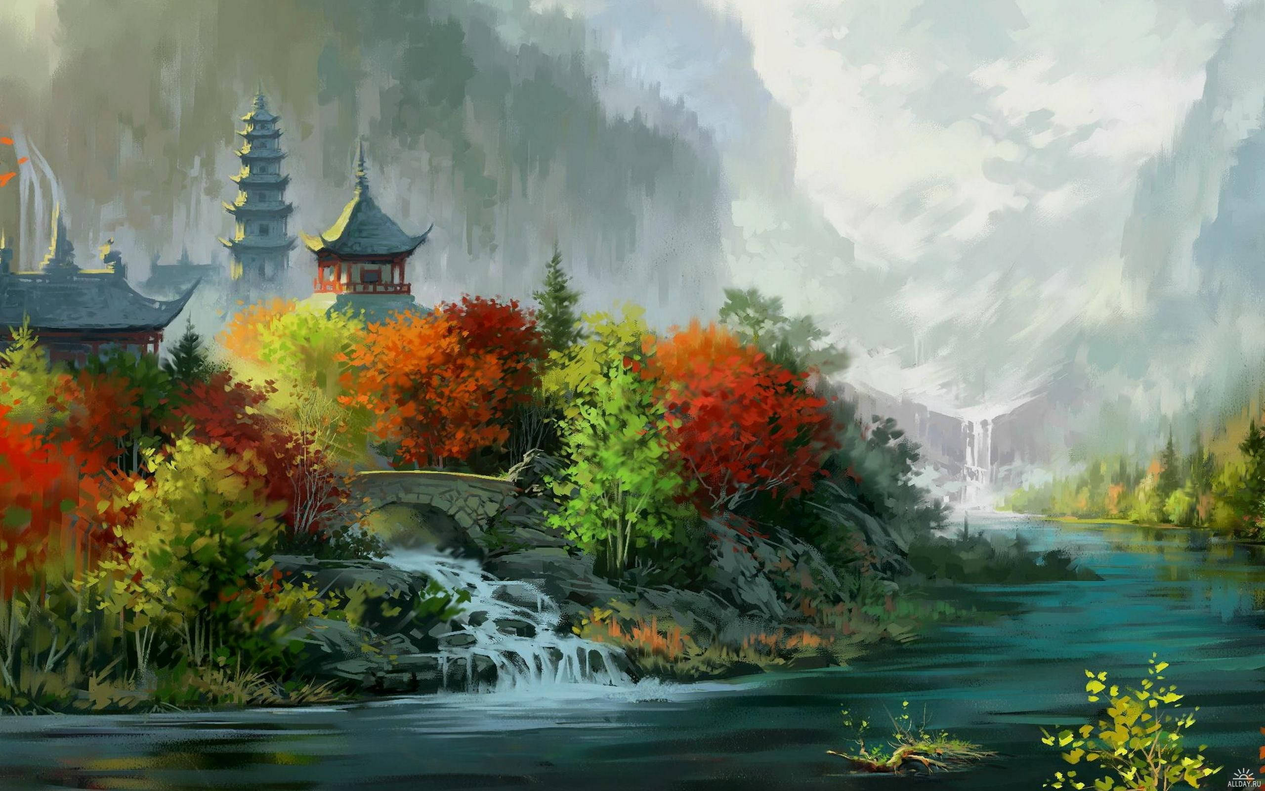 Beijing 桌布 壁紙 — 寧靜的秋日風景，傳統寶塔坐落在火紅和金黃的樹葉中，旁邊有瀑布傾瀉而下。