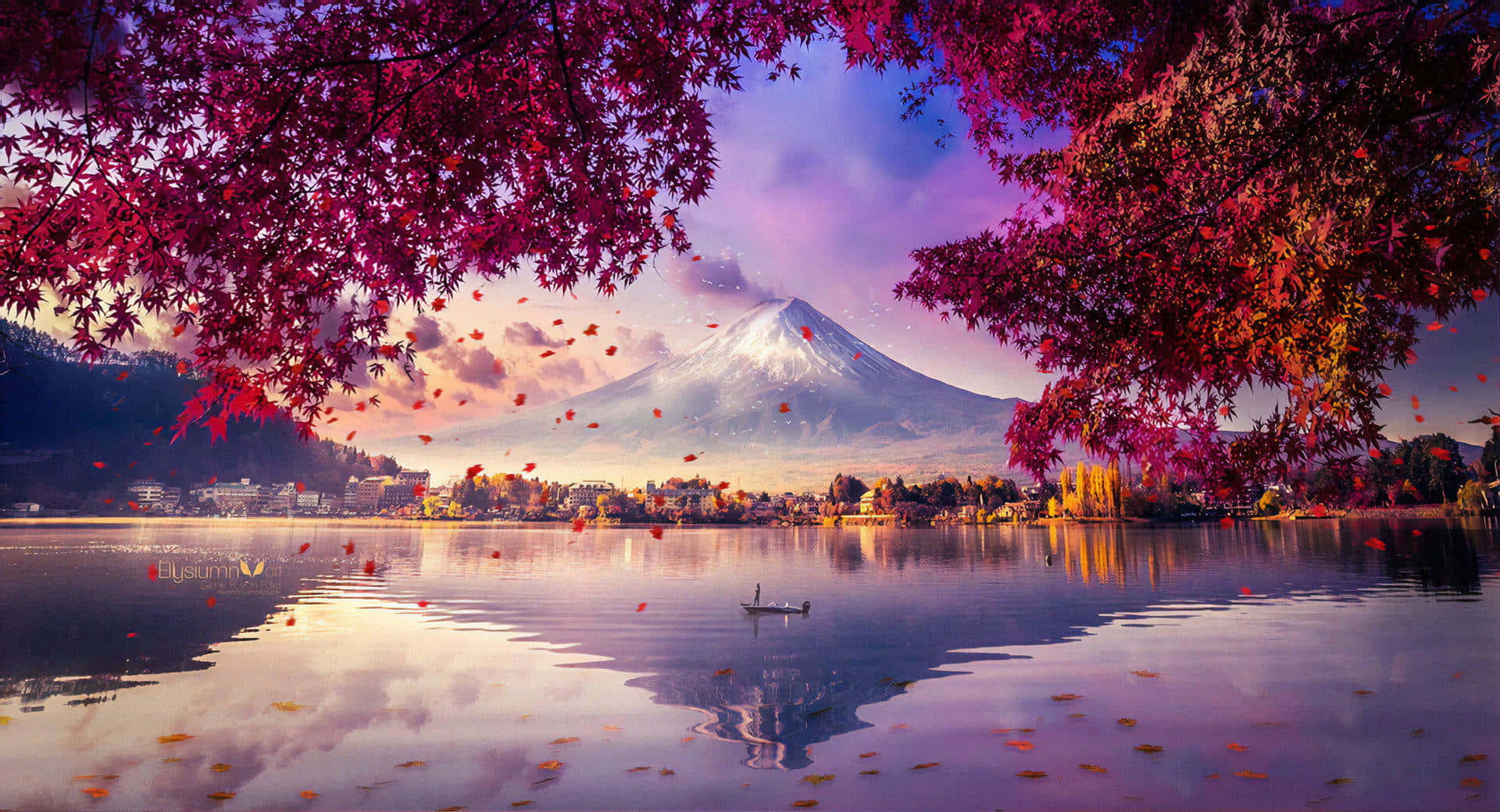 富士山 桌布 壁紙 — 寧靜的秋景，富士山倒映在平靜的水面上，四周環繞著鮮紅的楓樹枝。