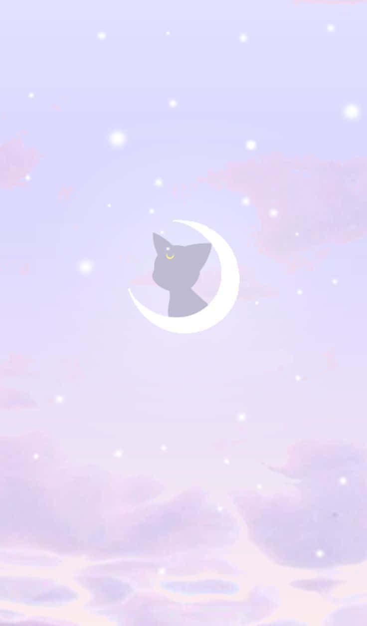 美少女戰士 桌布 壁紙 — 寧靜的粉彩天空，柔和的雲朵和星星，新月內有一隻灰色貓咪的剪影。