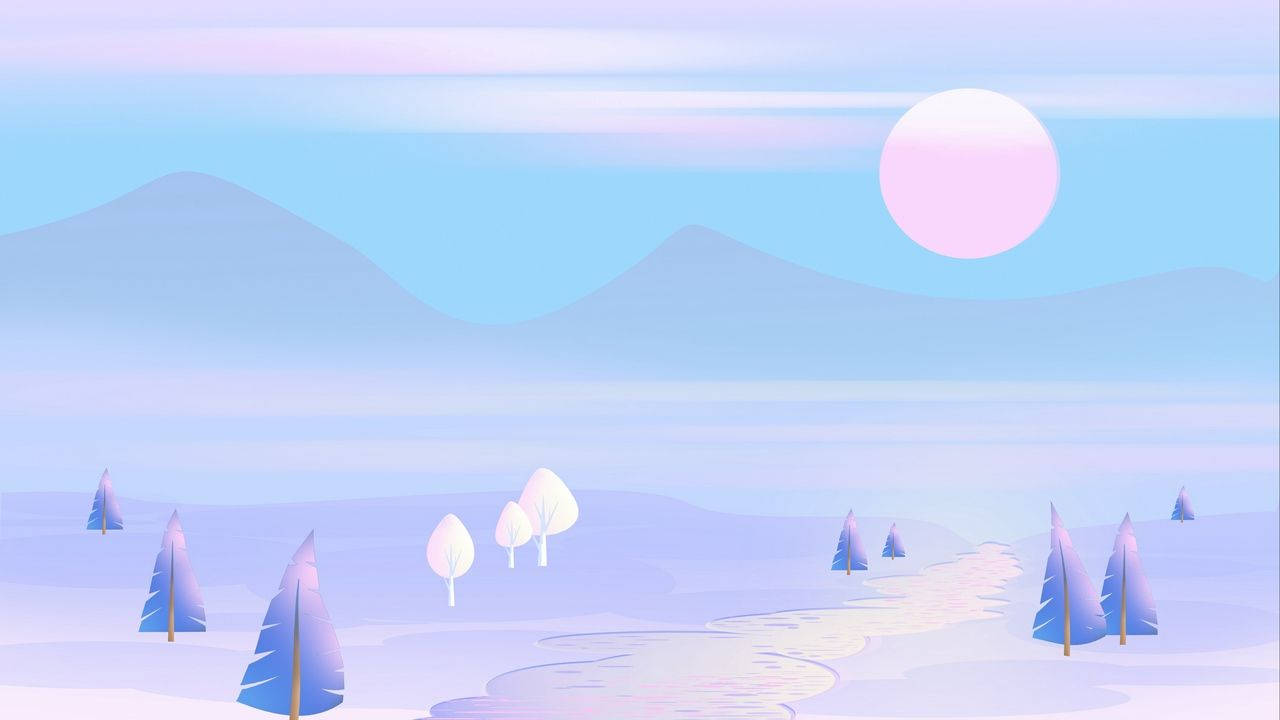 可愛粉彩 桌布 壁紙 — 寧靜的粉彩風景，一條蜿蜒的小路穿過雪地，在粉紅色的太陽下。