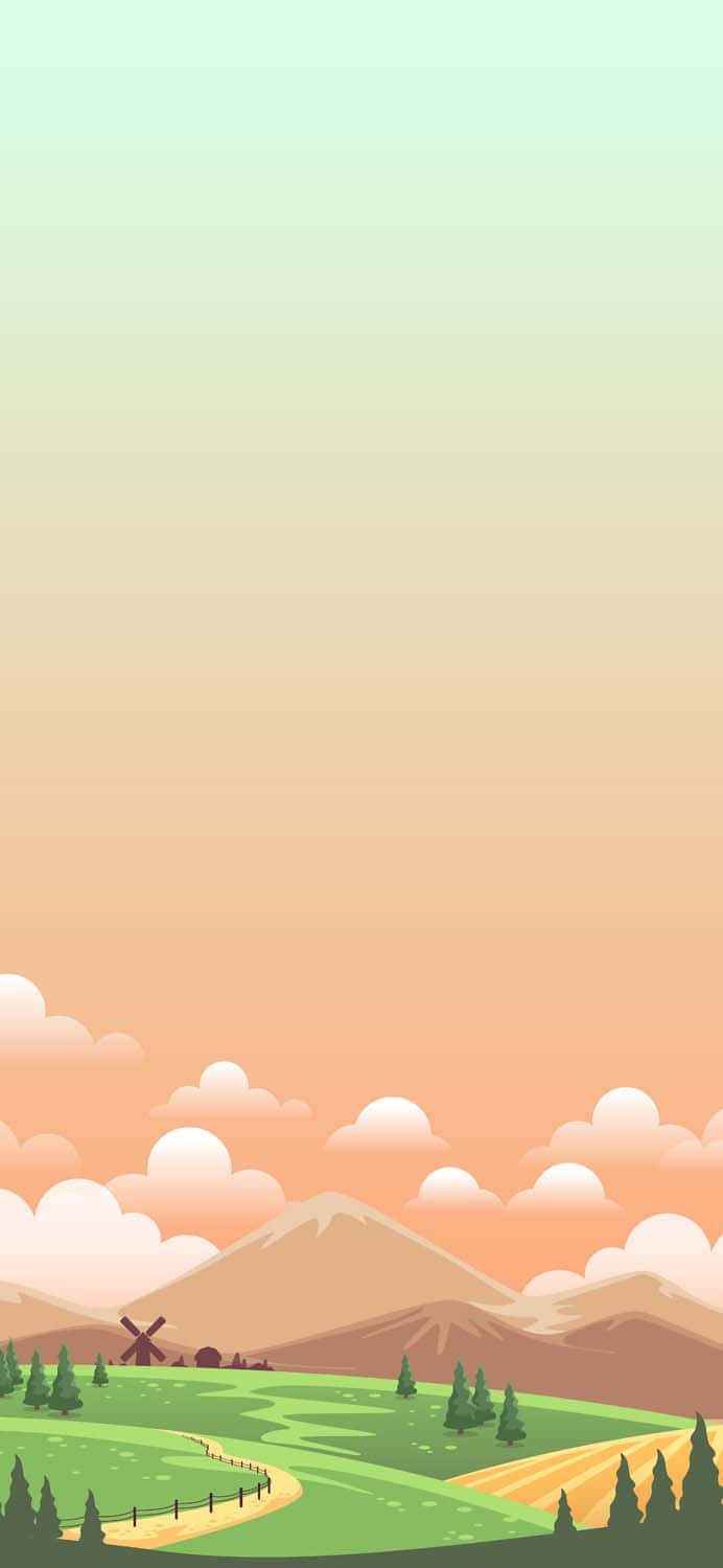 Minimal iPhone 桌布 壁紙 — 寧靜的粉彩風景，有起伏的綠色山丘、蜿蜒的小路、風車和遠處的山脈，在柔和的漸變天空下。