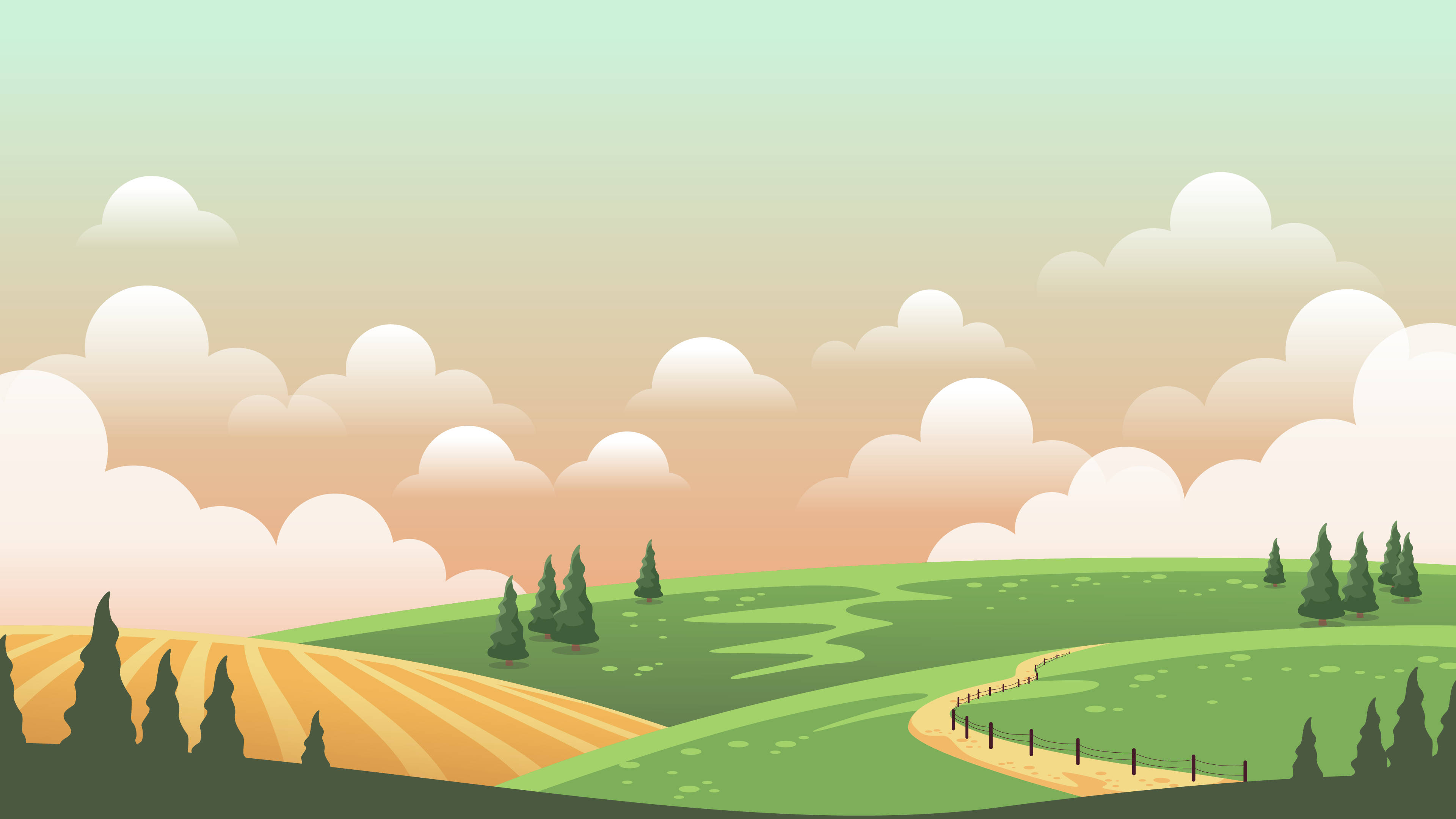 Farm Desktop 桌布 壁紙 — 寧靜的粉彩風景，起伏的綠色山丘，蜿蜒的泥土小徑，柔和的漸變天空下蓬鬆的雲朵。