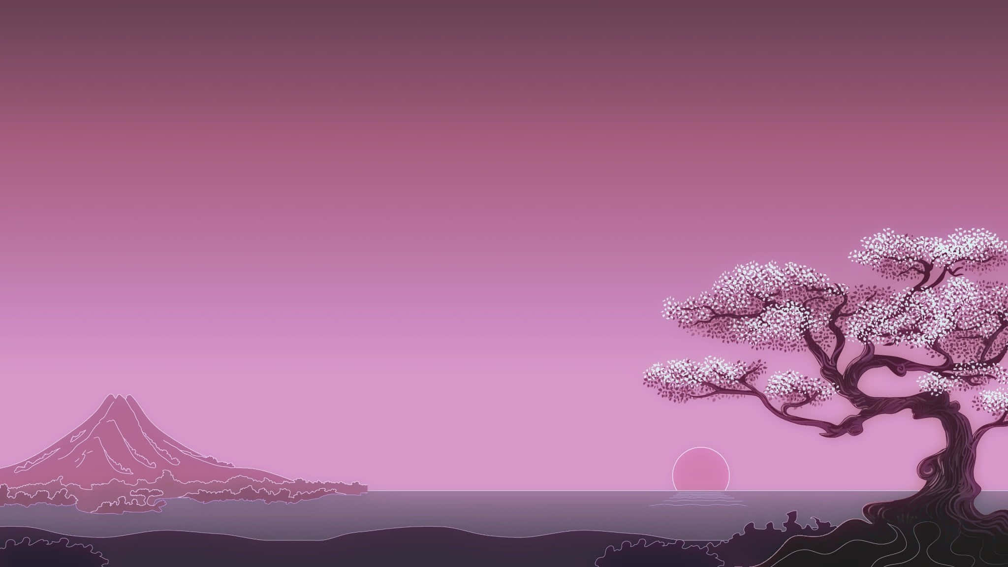 桌布 壁紙 — 寧靜的粉紅色風景，櫻花樹旁是平靜的大海，遠山在漸變的天空下。