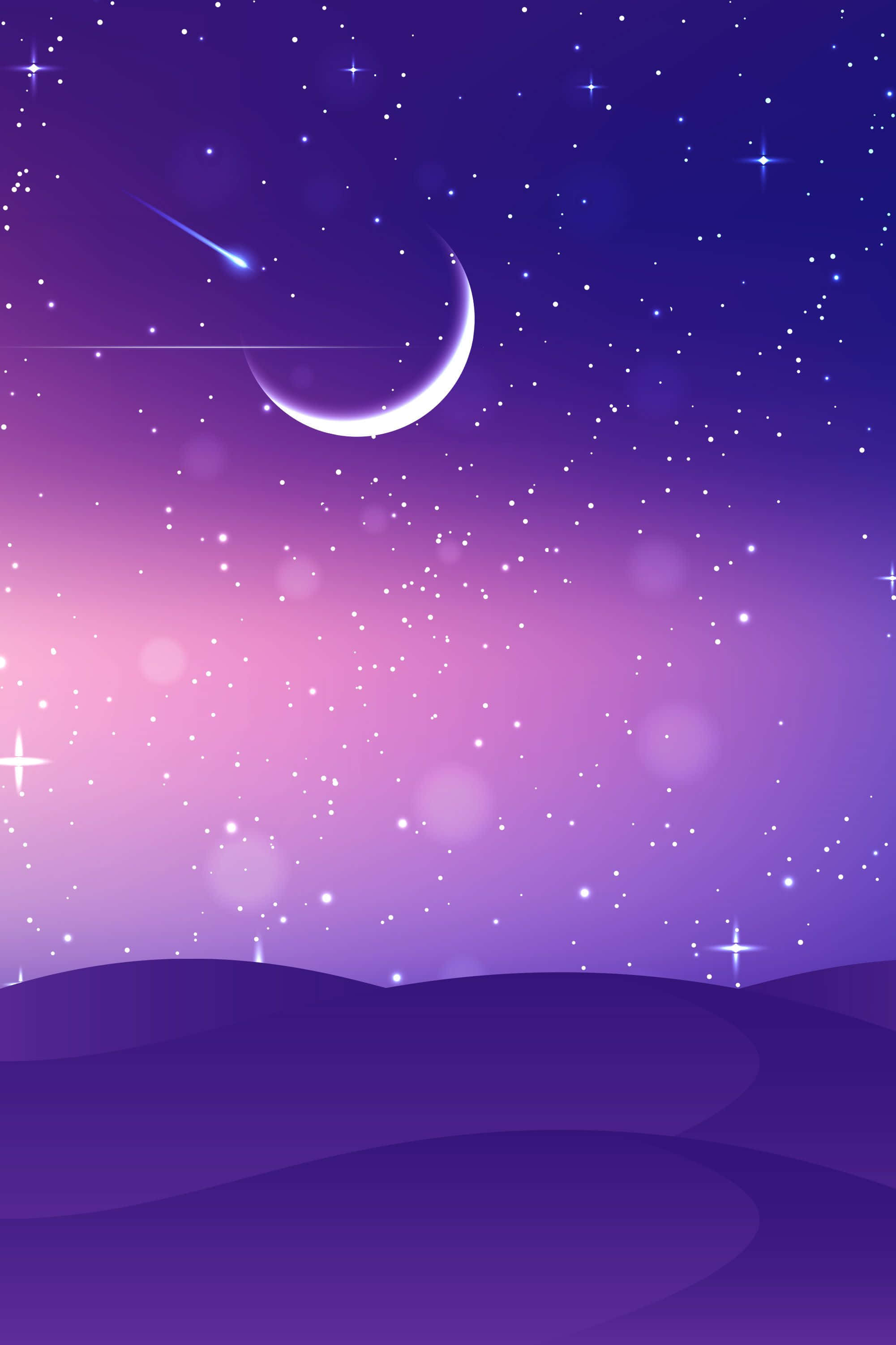 月光 桌布 壁紙 — 寧靜的紫色夜空，新月和流星在點綴著星星的柔和起伏山丘之上。