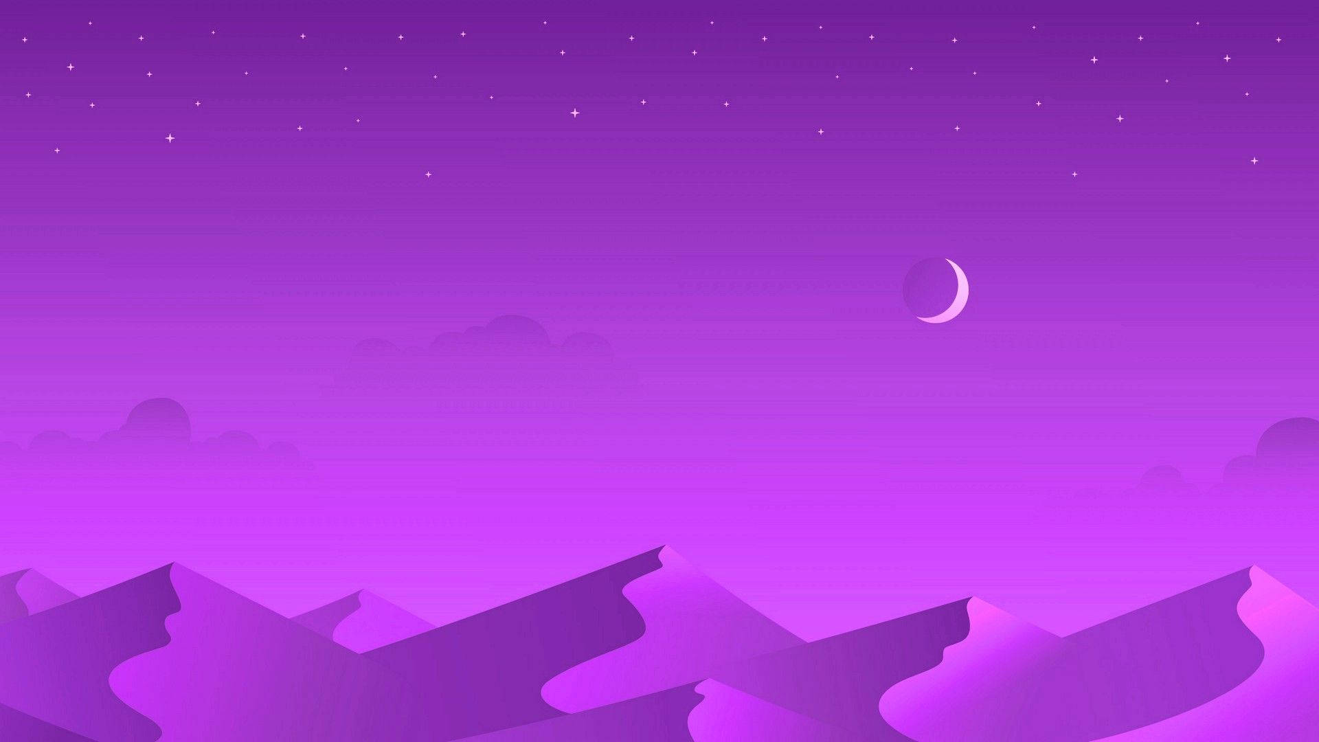 美學月亮 桌布 壁紙 — 寧靜的紫色山景，星空下有一彎新月。