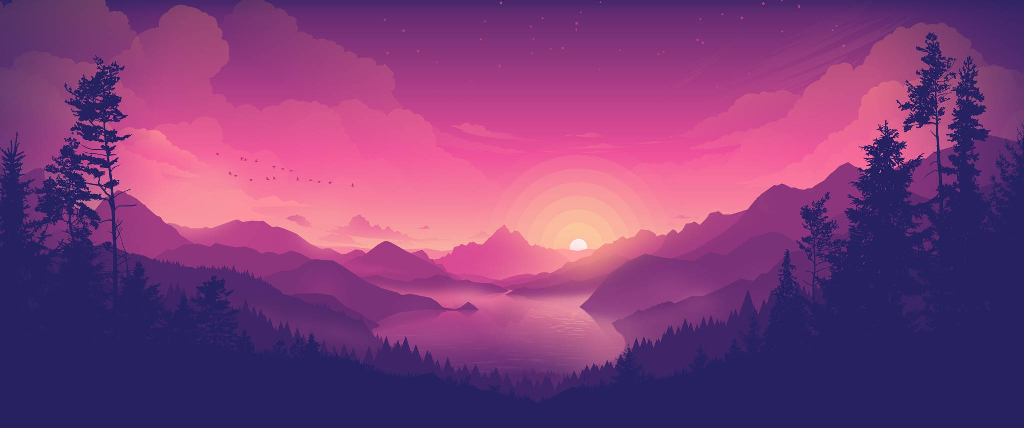夕陽天空 桌布 壁紙 — 寧靜的紫色日落，映照著層層疊疊的山峰和松樹環繞的平靜湖泊。