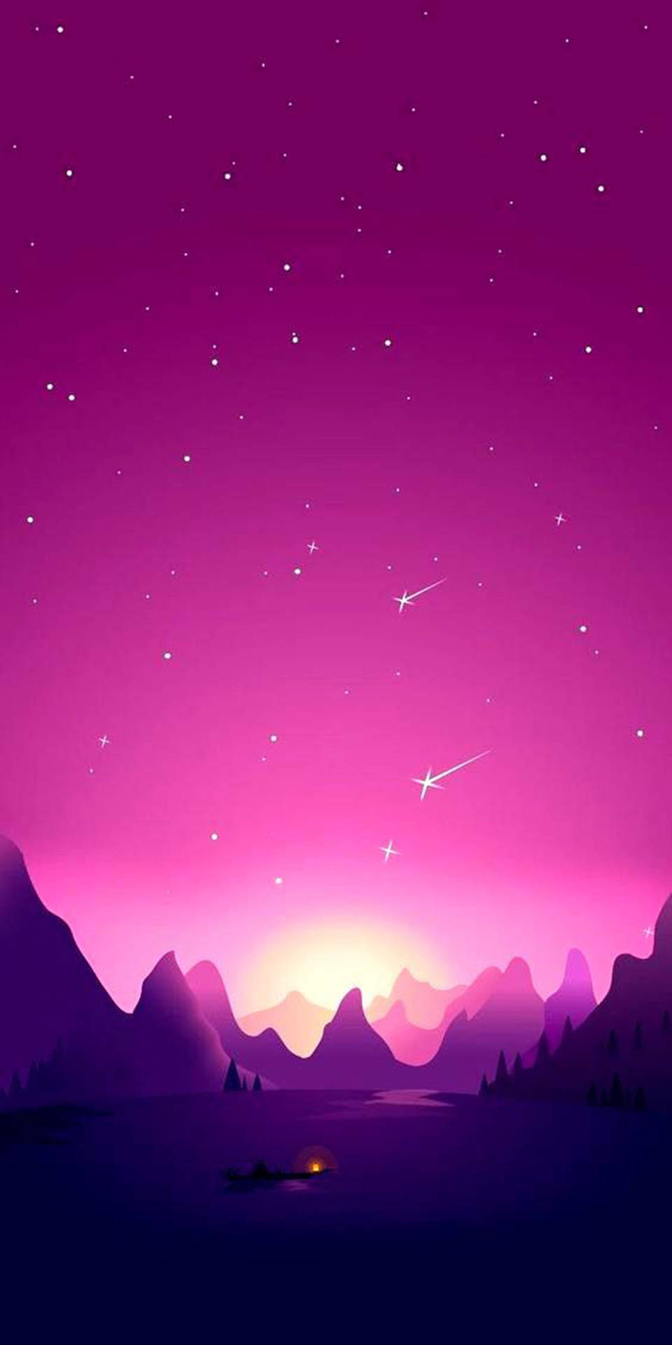紫色暮色山脈，星空和流星在水面上的小船上方。 — 簡約 Android 桌布 壁紙