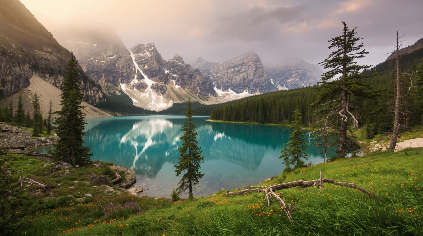 Mist Over Moraine Lake and Turquoise Mountain Reflection Wallpaper 壁紙 — 寧靜的綠松石湖面映照著積雪覆蓋的山脈和常綠樹木，在柔和的金色天空下。