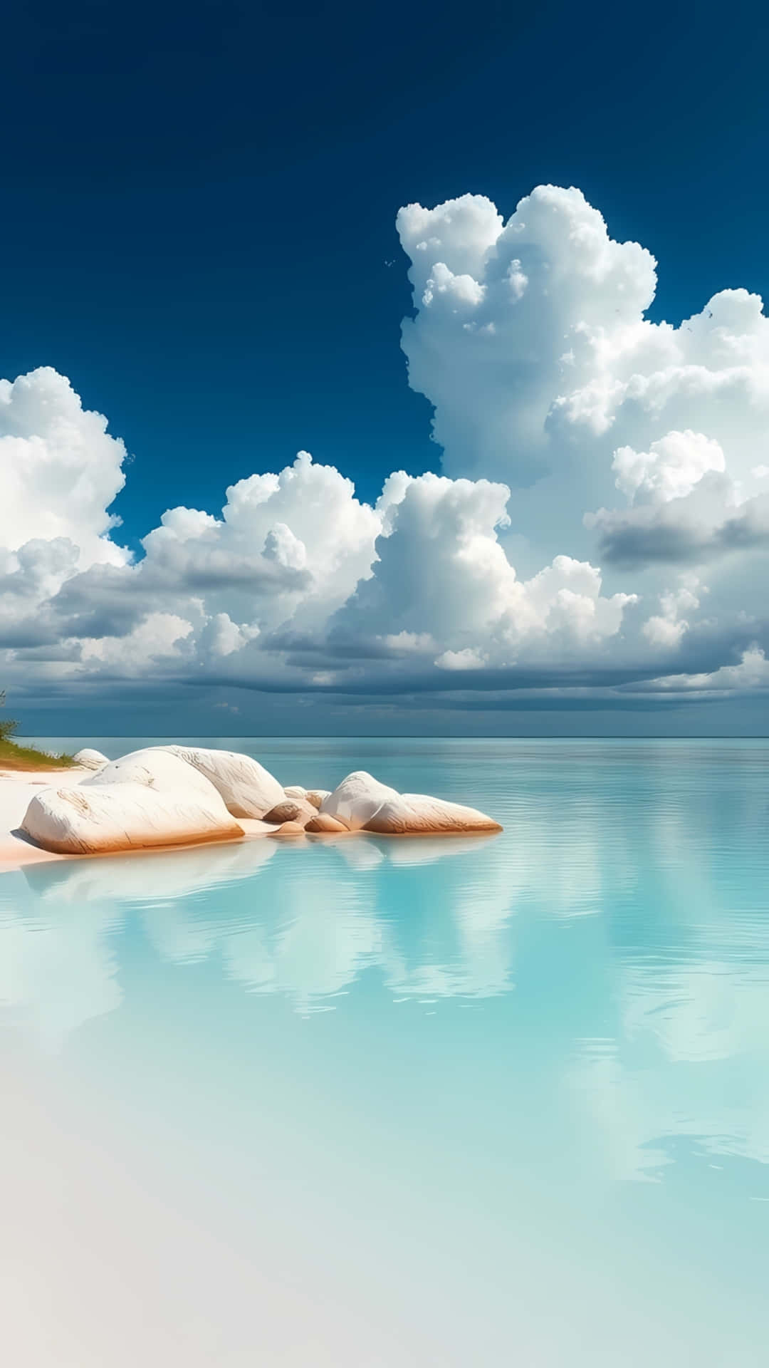 Calm Turquoise Sea with Soft White Clouds 壁紙 — 寧靜的綠松石潟湖，岸邊有光滑的白色岩石，上方是戲劇性的蓬鬆雲朵和深藍色的天空。