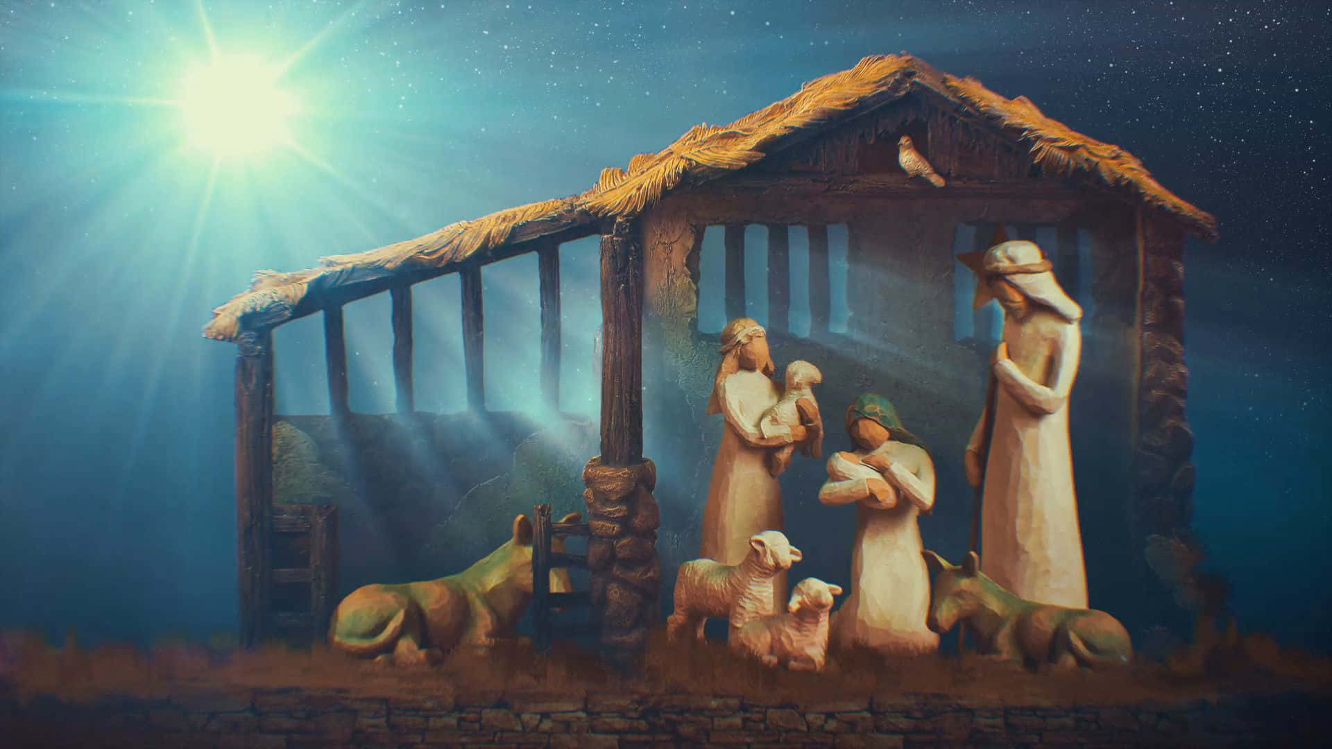 Nativity Scene 桌布 壁紙 — 寧靜的耶穌誕生場景，人物聚集在馬槽周圍，上方是璀璨的星空。