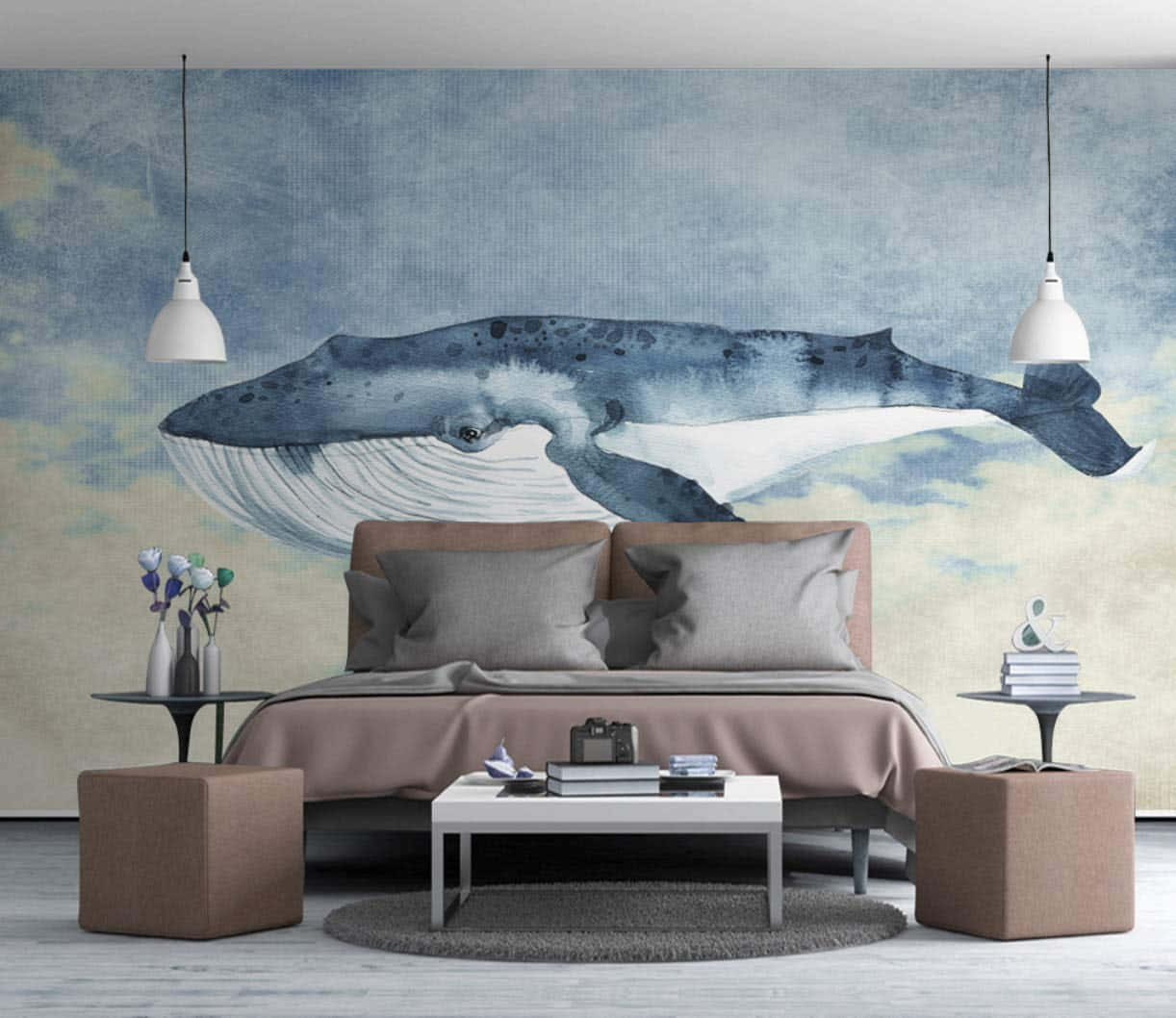 blue whale 桌布 壁紙 — 寧靜的臥室，現代家具上方整齊的床上，牆上有一幅大型水彩鯨魚壁畫。