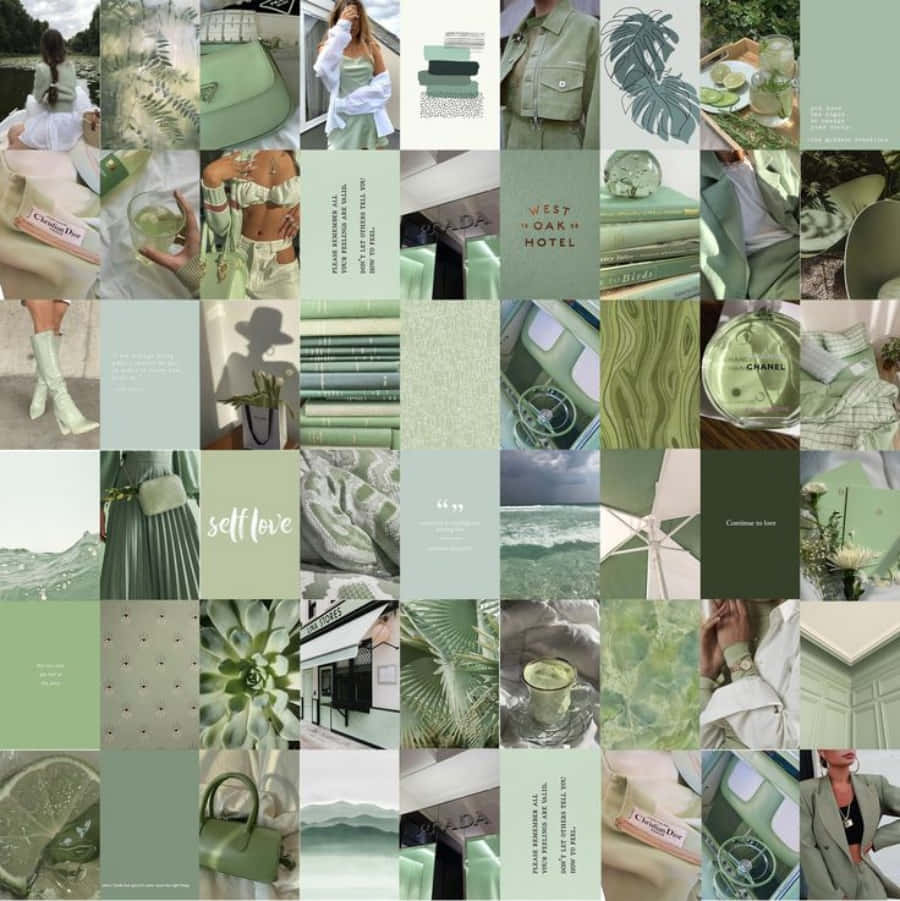 Aesthetic Sage Green 桌布 壁紙 — 寧靜的薄荷綠色拼貼，以柔和粉彩美學展示時尚配飾、自然紋理和奢華品牌物品。