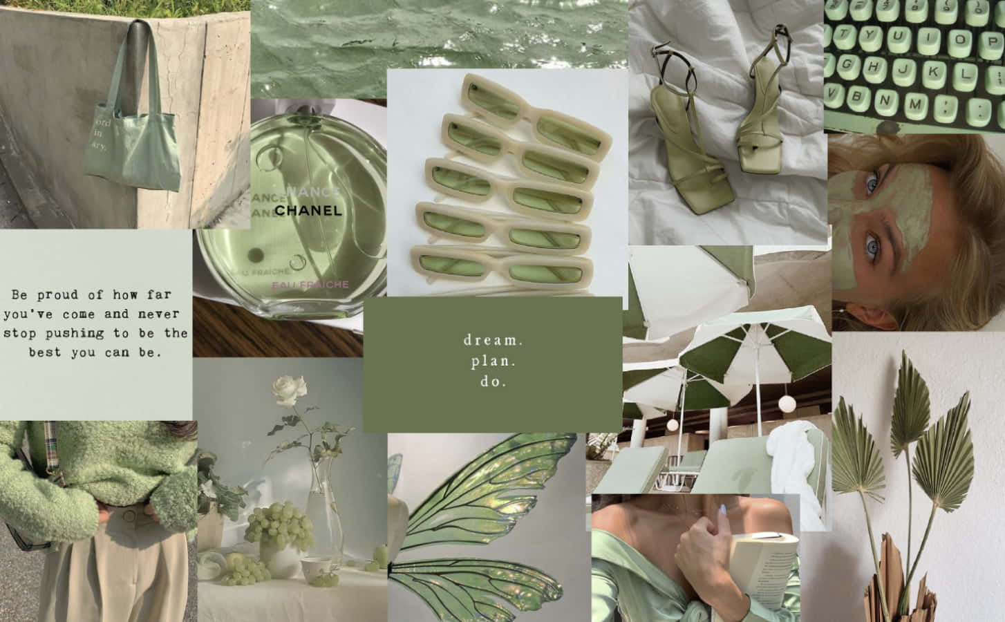 Aesthetic Sage Green 桌布 壁紙 — 寧靜的薄荷綠色美學拼貼畫，包含太陽眼鏡、香水、植物和一個戴著口罩的人。