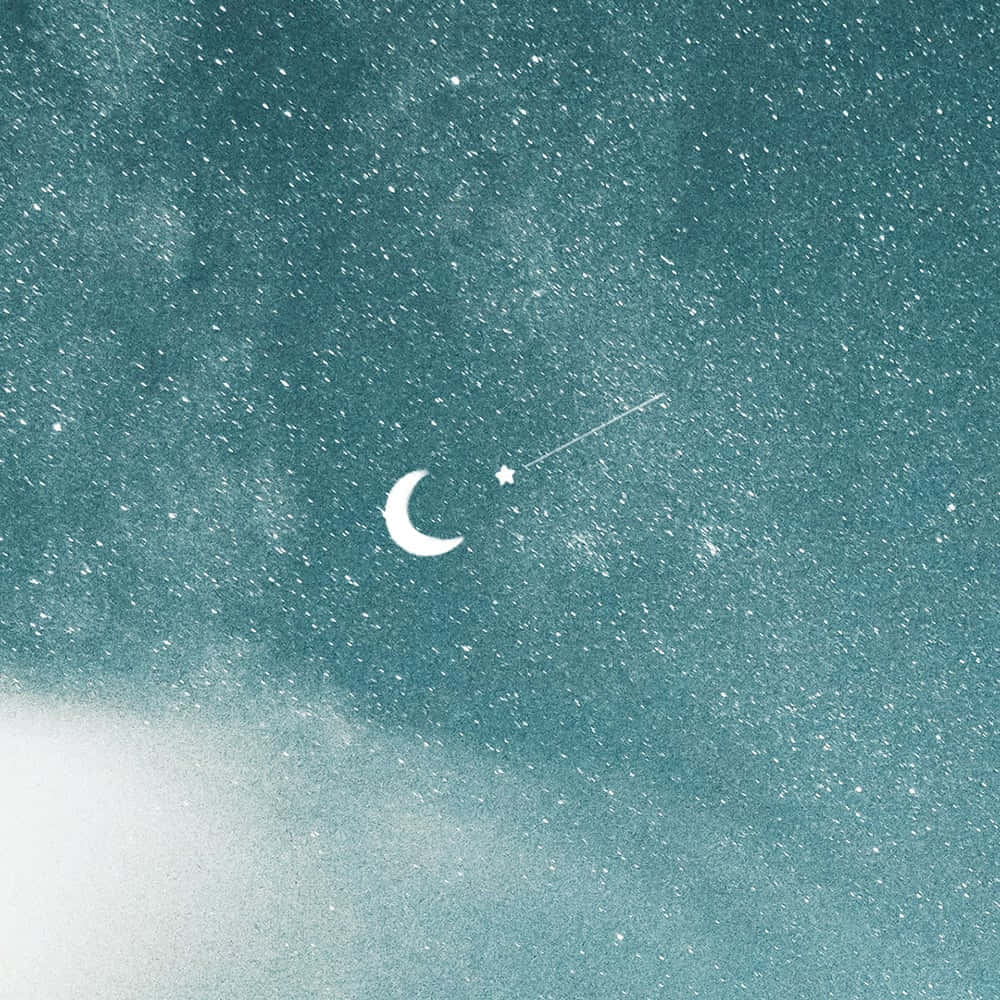 美學 桌布 壁紙 — 寧靜的藍綠色夜空，點綴著星星，一彎新月追逐著流星。