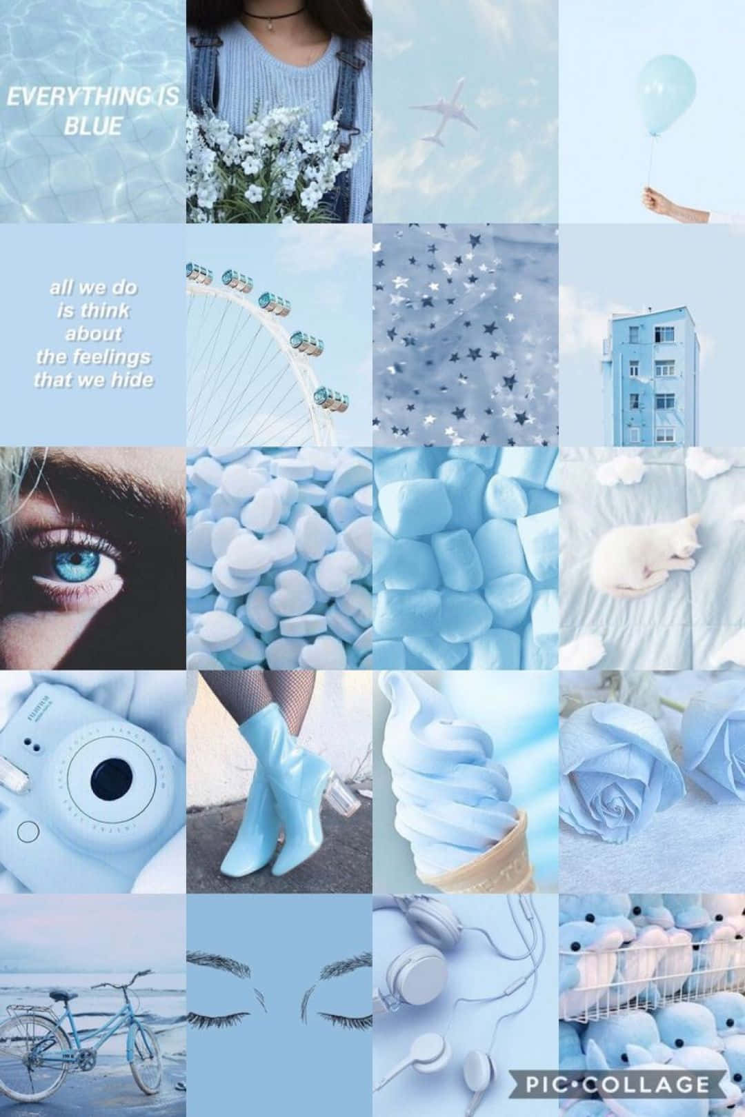 Pastel Blue Aesthetic Tumblr 桌布 壁紙 — 寧靜的藍色主題拼貼畫，包含摩天輪、睡覺的貓、冰淇淋和自行車，背景是柔和的天空。