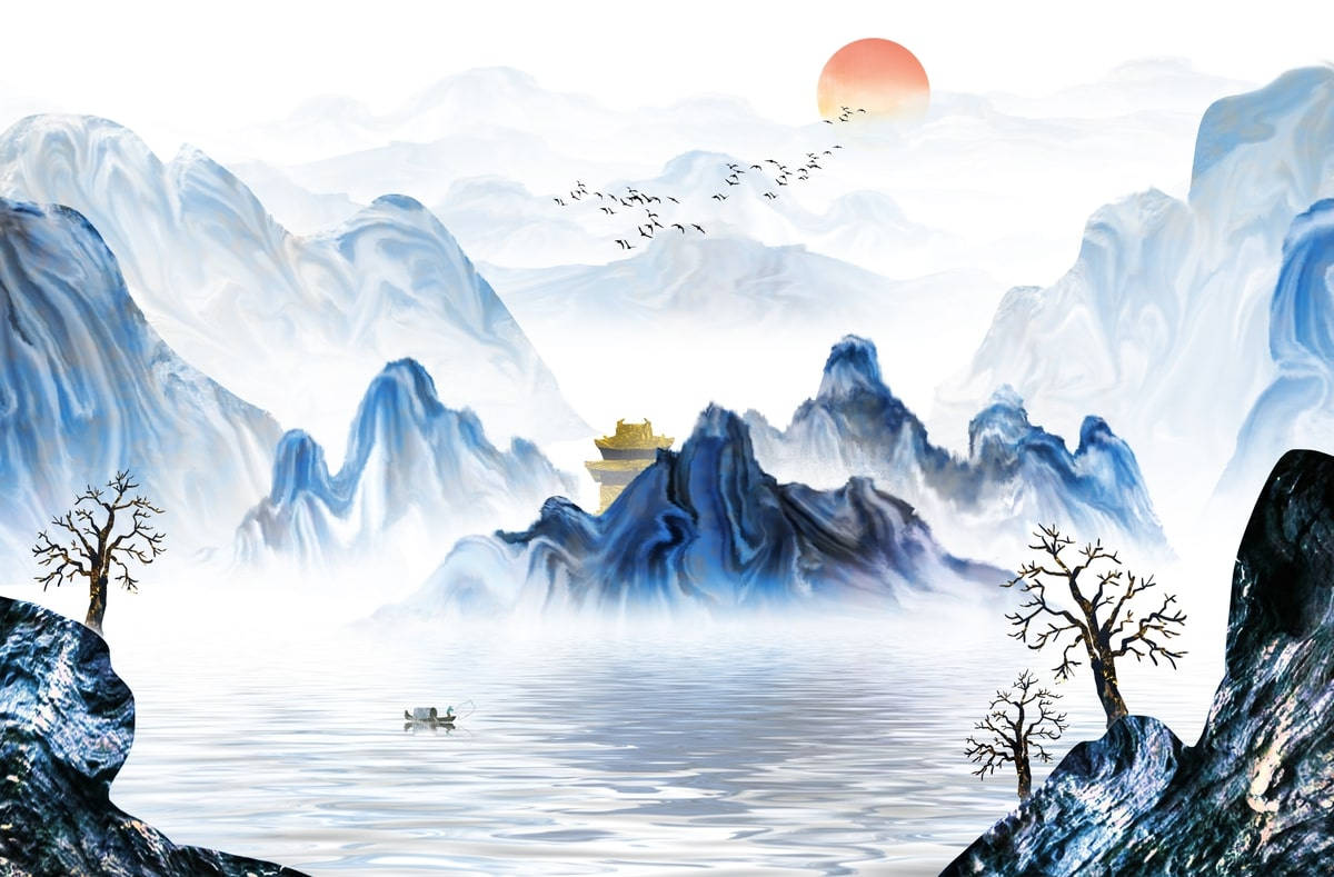 Painting 桌布 壁紙 — 寧靜的藍色山景，有霧氣瀰漫的水面、山頂上的金色寶塔，以及一群鳥兒飛向橙色的太陽。