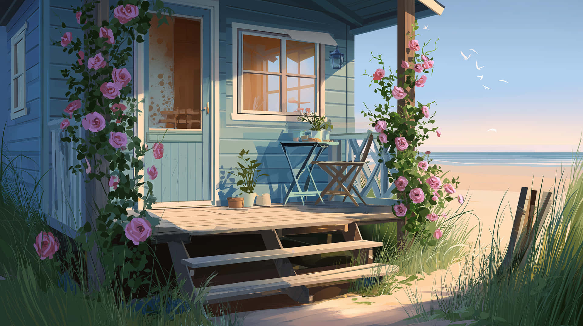 Charming Beachside Dwelling with Floral Accents and Ocean 壁紙 — 寧靜的藍色海灘小屋門廊點綴著粉紅玫瑰，俯瞰晴朗天空下的平靜海洋。