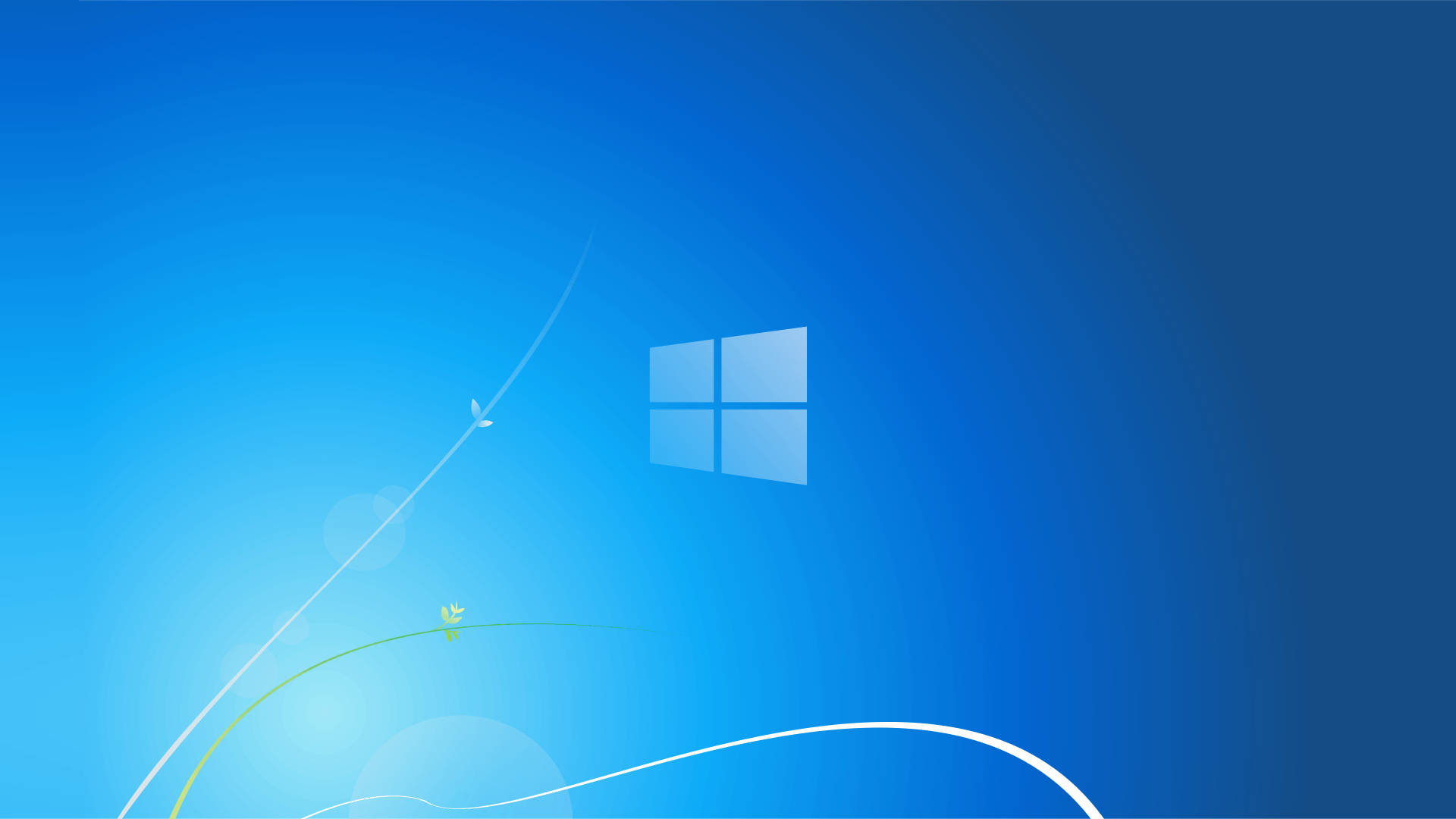 Windows 7 桌布 壁紙 — 寧靜的藍色漸層桌布， featuring Windows 標誌、抽象白色和綠色線條以及一隻蝴蝶。