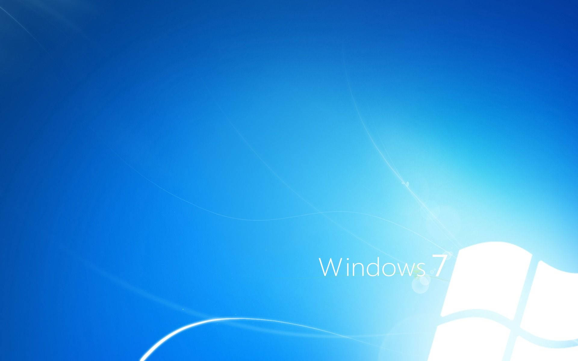 淺藍色 桌布 壁紙 — 寧靜的藍色漸層桌布，帶有發光的白色漩渦，Windows 7 標誌在右下角柔和地發光。