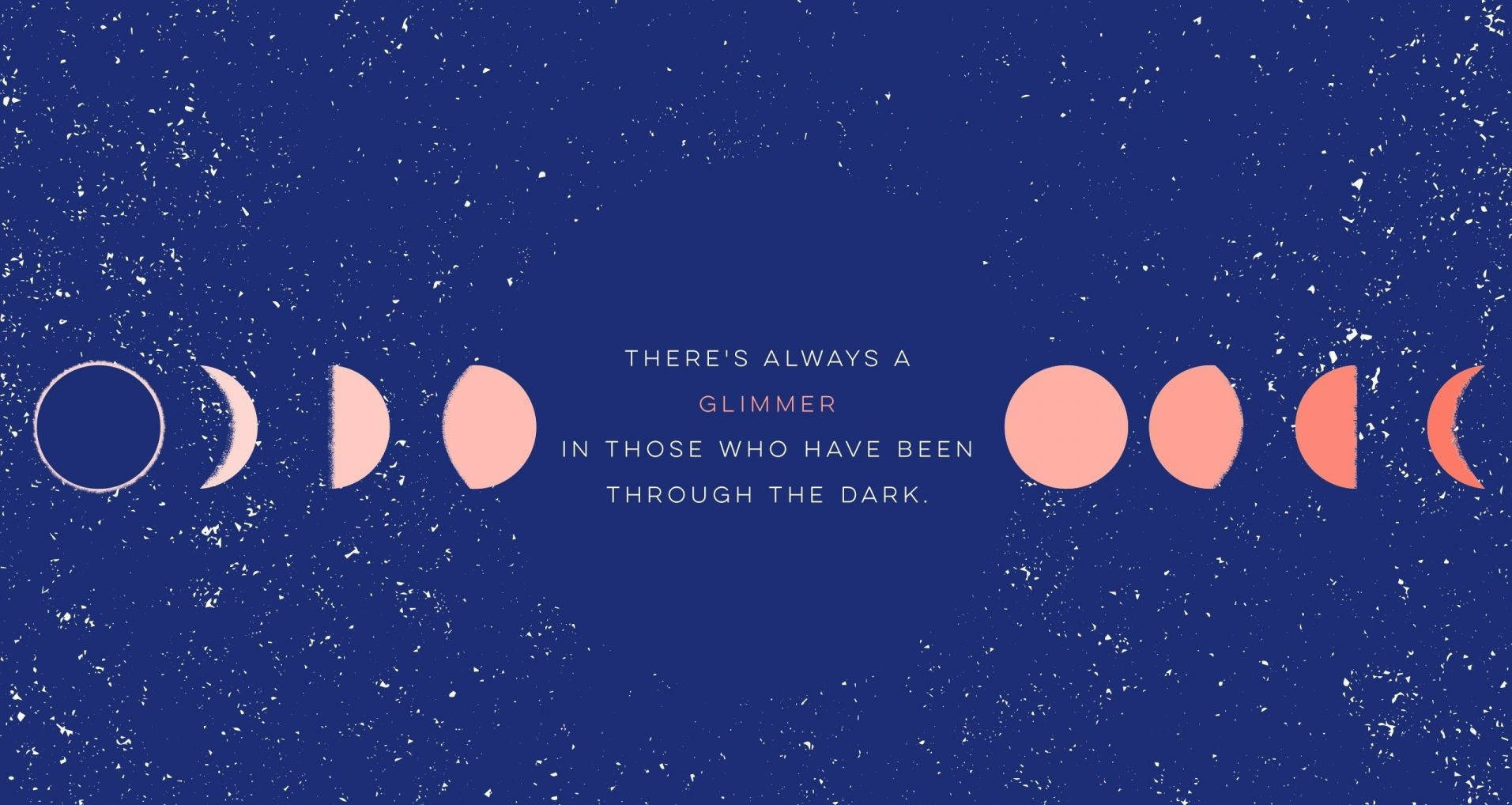 Motivational Aesthetic Desktop 桌布 壁紙 — 寧靜的藍色紋理背景展示對稱的月相序列，採用柔和蜜桃色調，中間置有啟發性文字。