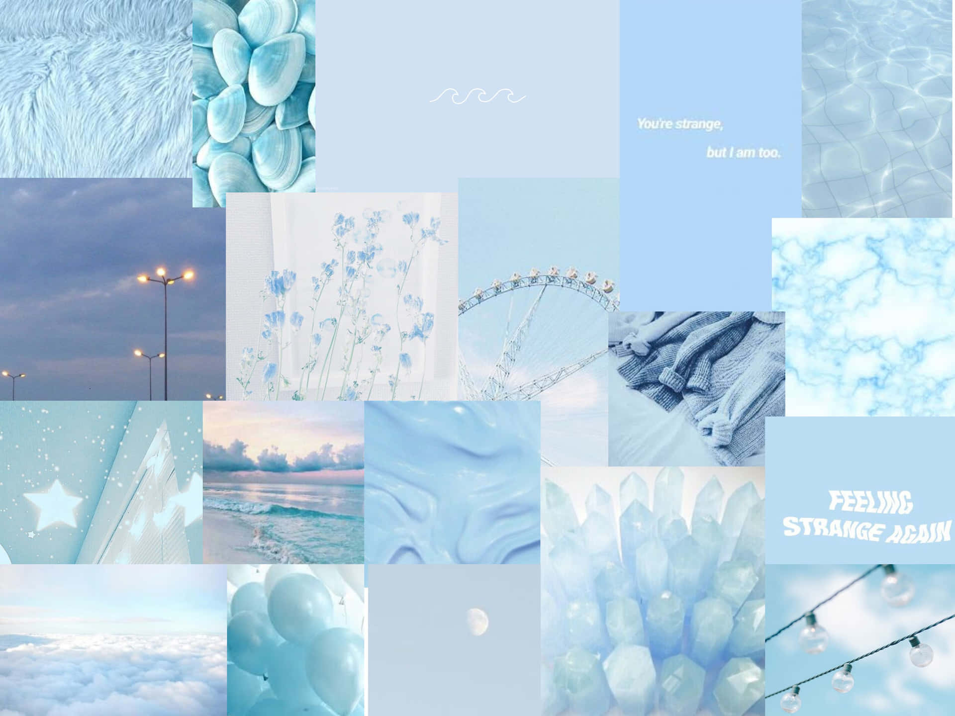 Pastel Blue 桌布 壁紙 — 寧靜的藍色調拼貼畫， featuring 蓬鬆質感、海浪、水晶和柔和天空，營造夢幻寧靜的氛圍。
