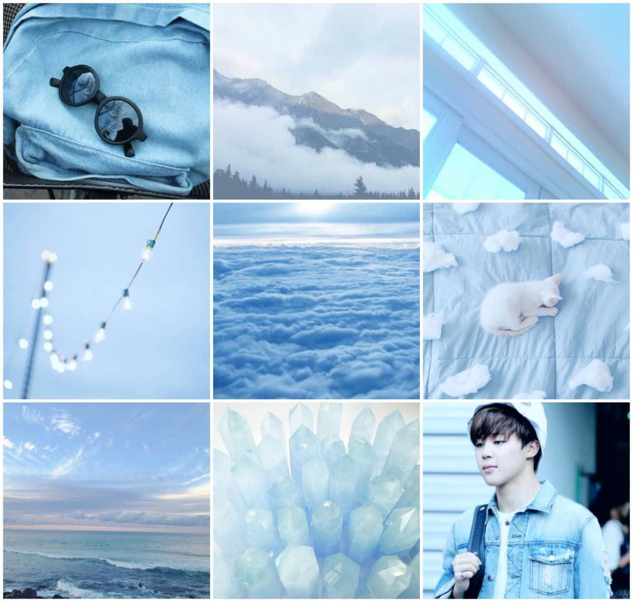 Aesthetic Blue Collage 桌布 壁紙 — 寧靜的藍色調拼貼畫， featuring 山脈、雲朵、一隻睡覺的貓、燈串和一位穿牛仔褲的年輕男子。