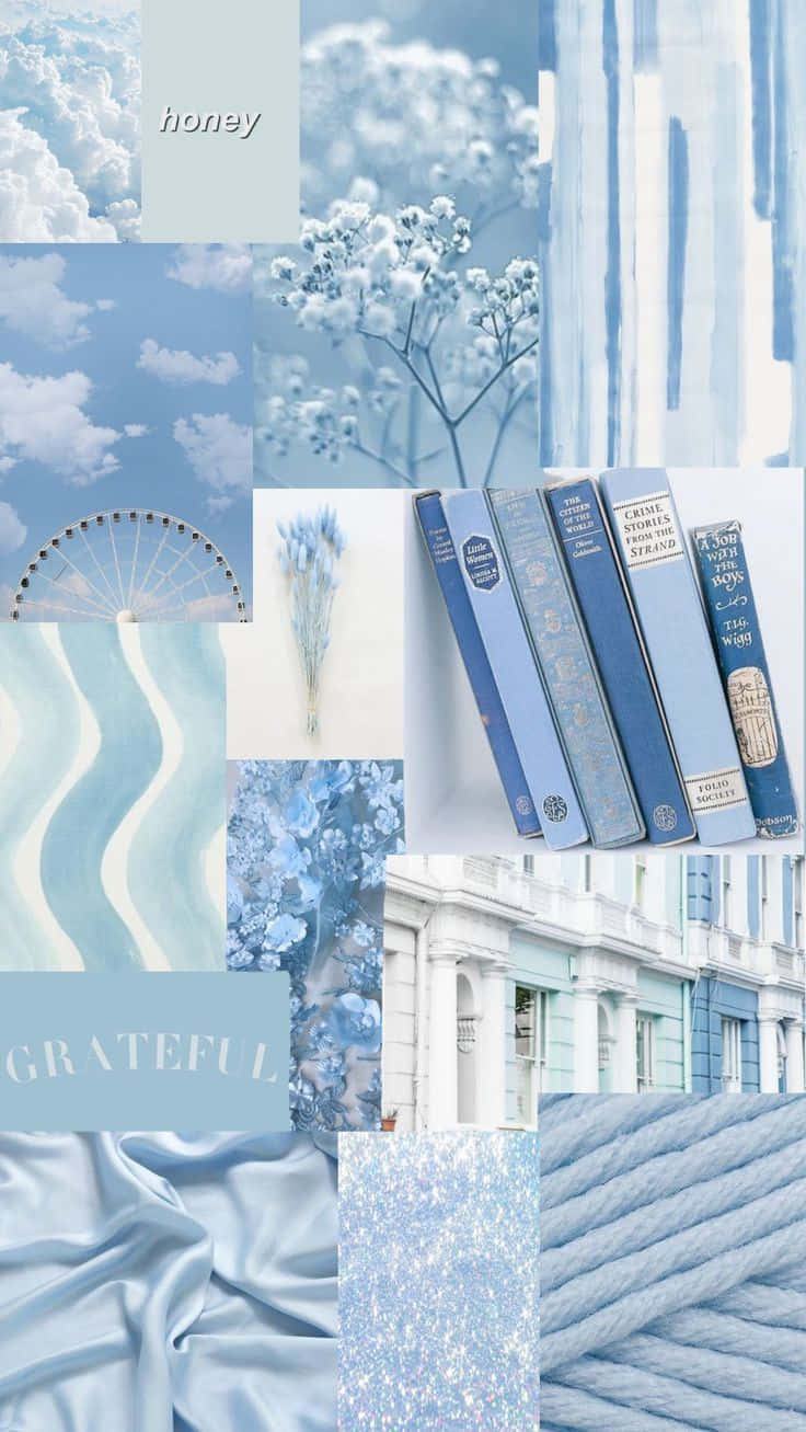Aesthetic Blue 桌布 壁紙 — 寧靜的藍色調拼貼畫，包含雲朵、書籍、花朵和建築，喚起平靜的感恩之情。