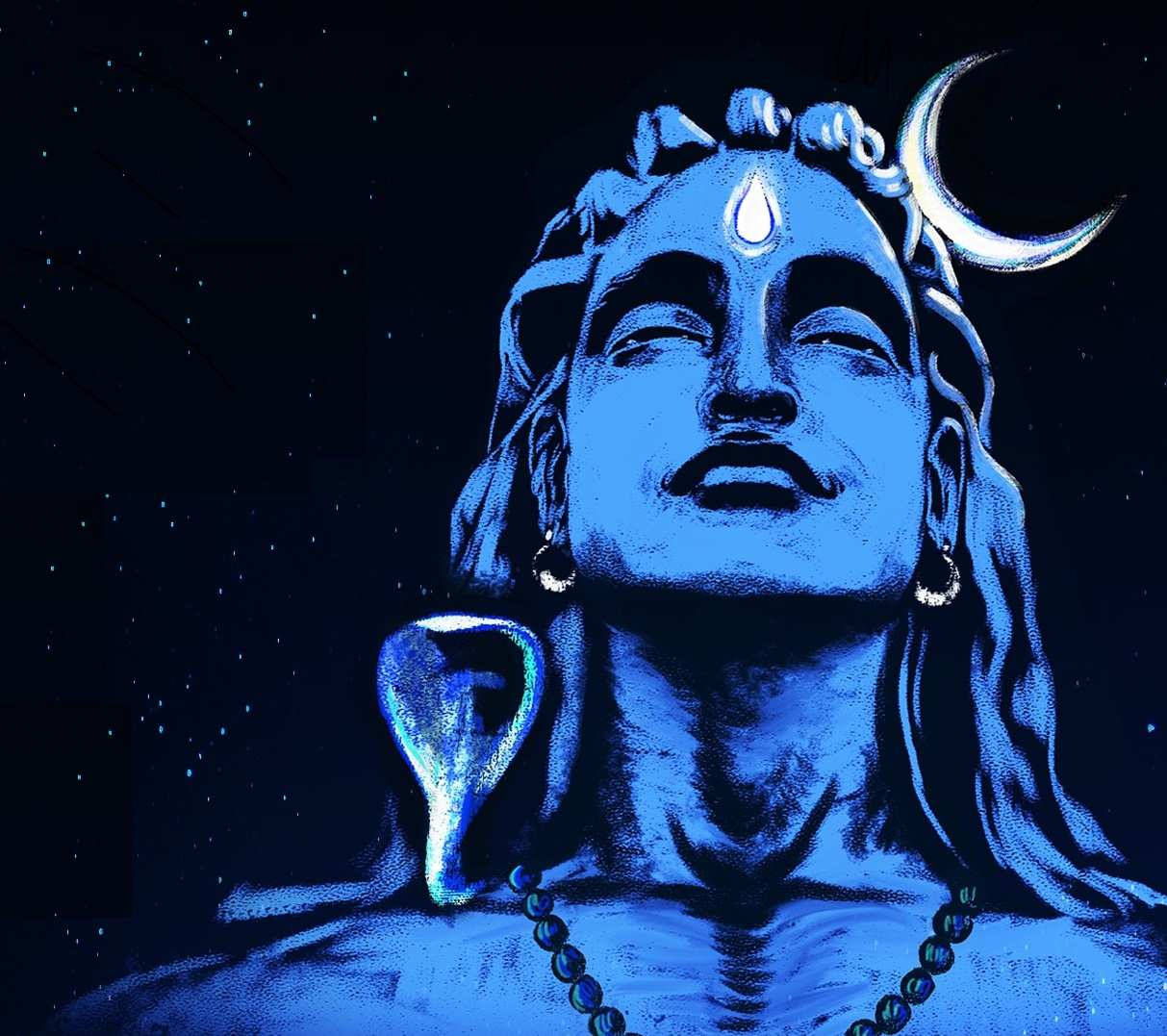 shiva iPhone 桌布 壁紙 — 寧靜的藍色調插圖，描繪了戴著新月冠冕、手持三叉戟的濕婆，背景是繁星點點的夜空。