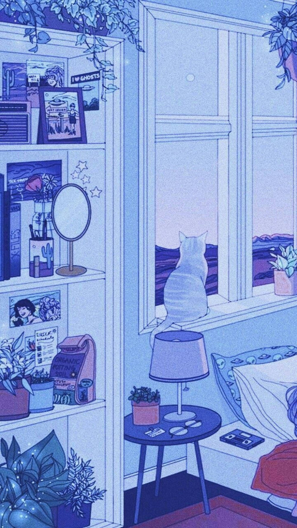 Bedroom 桌布 壁紙 — 寧靜的藍調臥室，一隻貓咪透過窗戶凝視星空和遠山。