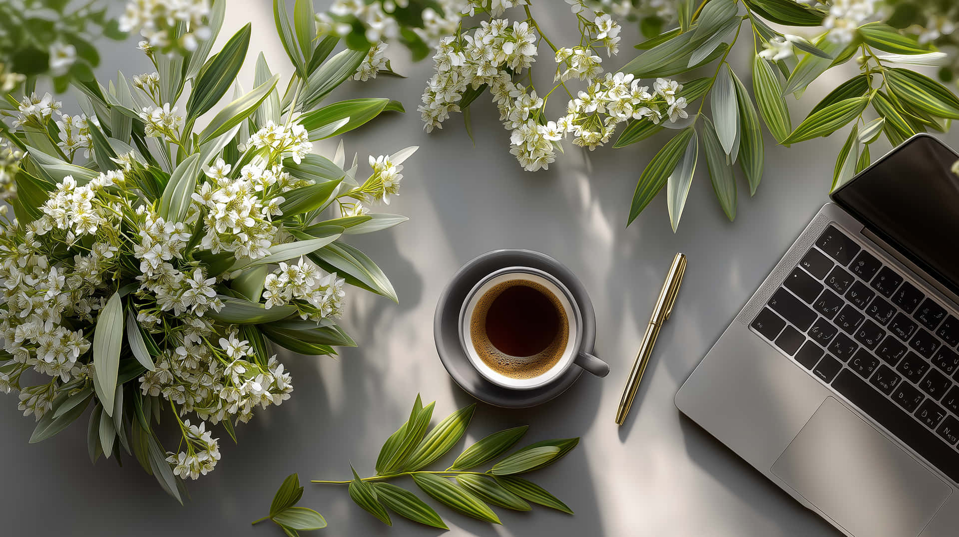 Inviting Workspace with Coffee and Lush Greenery 壁紙 — 寧靜的辦公桌場景，有白色花朵、綠葉、咖啡杯和筆記型電腦，沐浴在柔和自然光中。