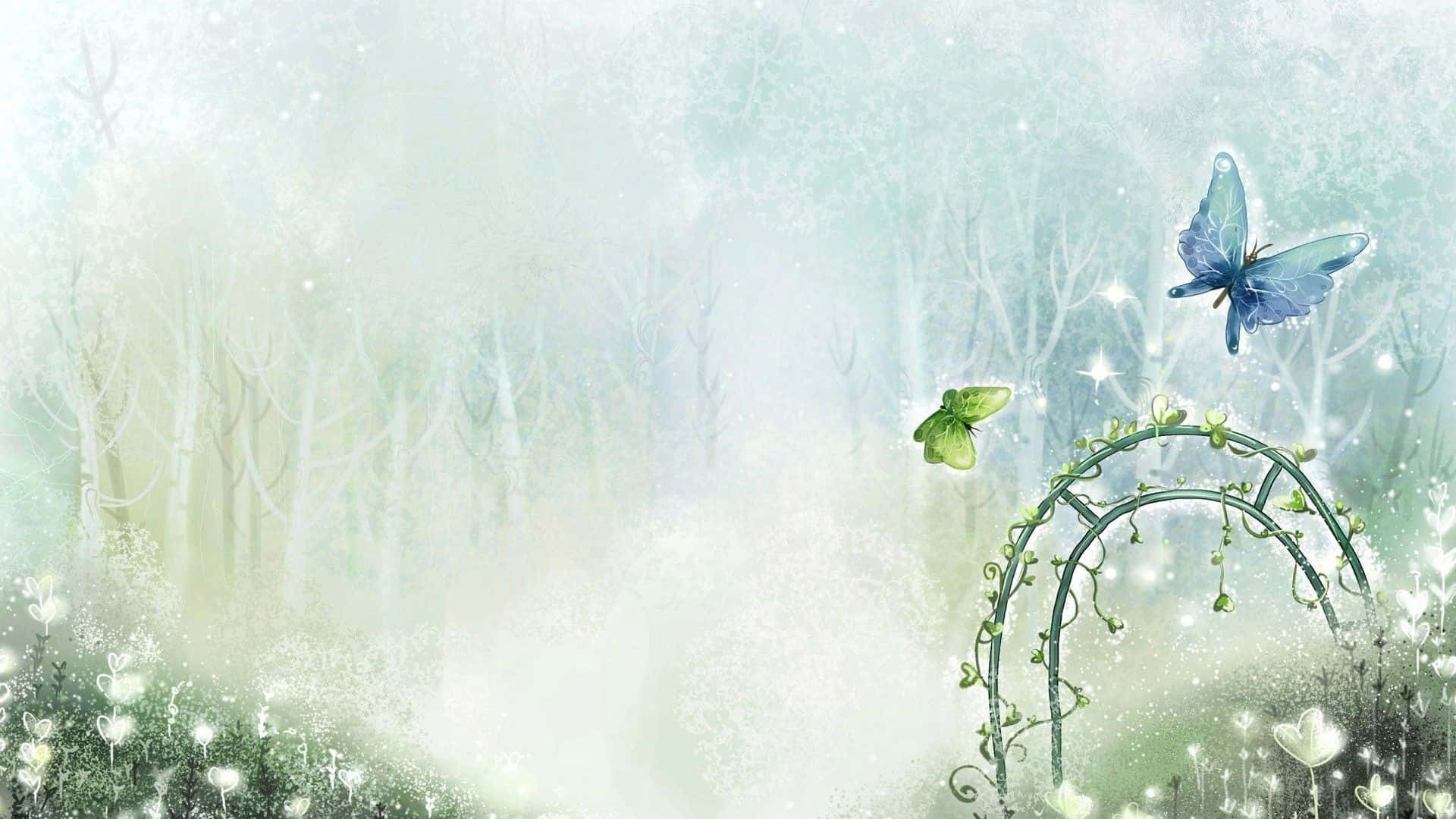Enchanting 桌布 壁紙 — 寧靜的迷霧森林，發光的蝴蝶在藤蔓覆蓋的拱門附近翩翩起舞。