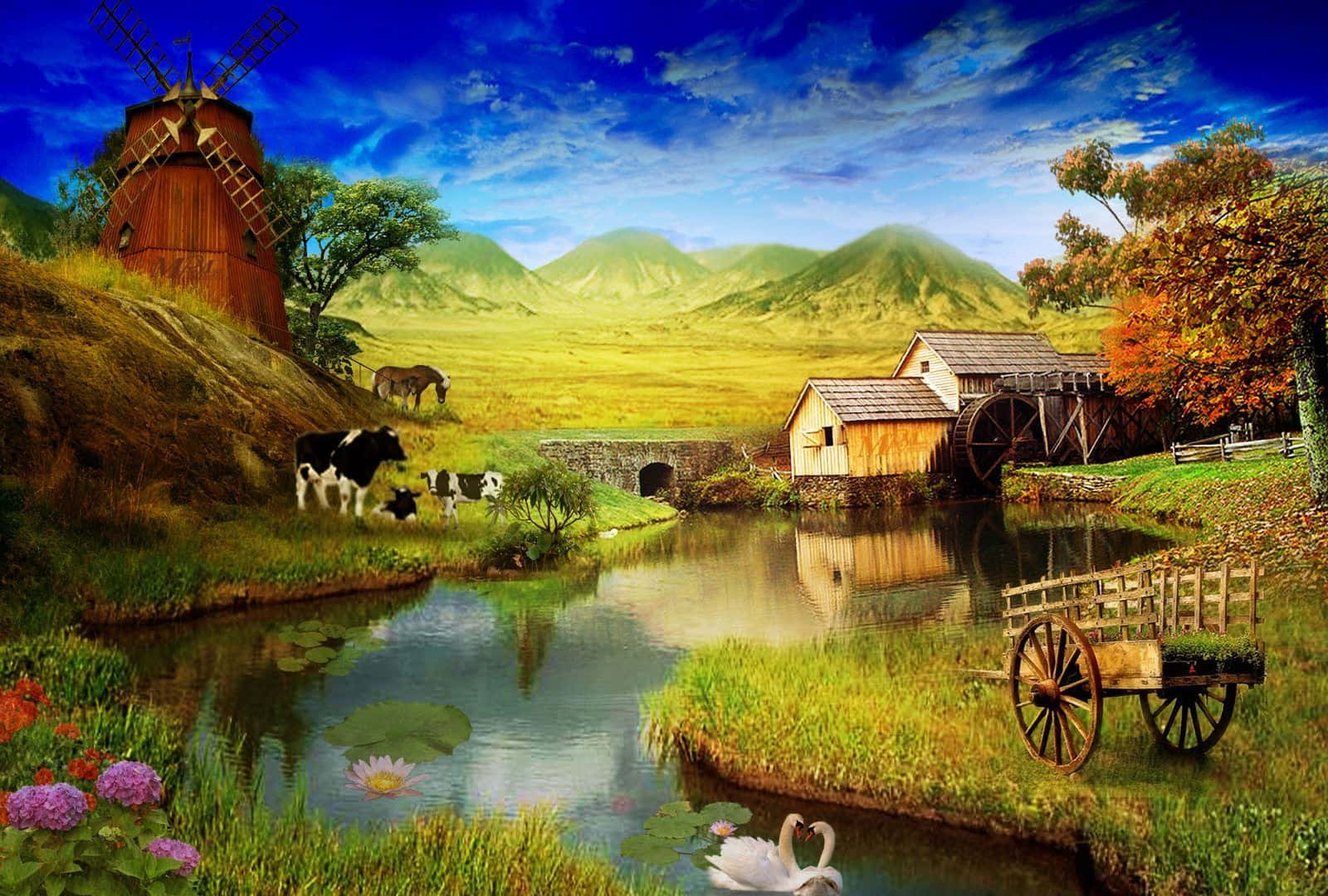 Farm 桌布 壁紙 — 寧靜的鄉村景色，有木製水車、風車、牛、天鵝和馬車，位於河邊，天空湛藍。
