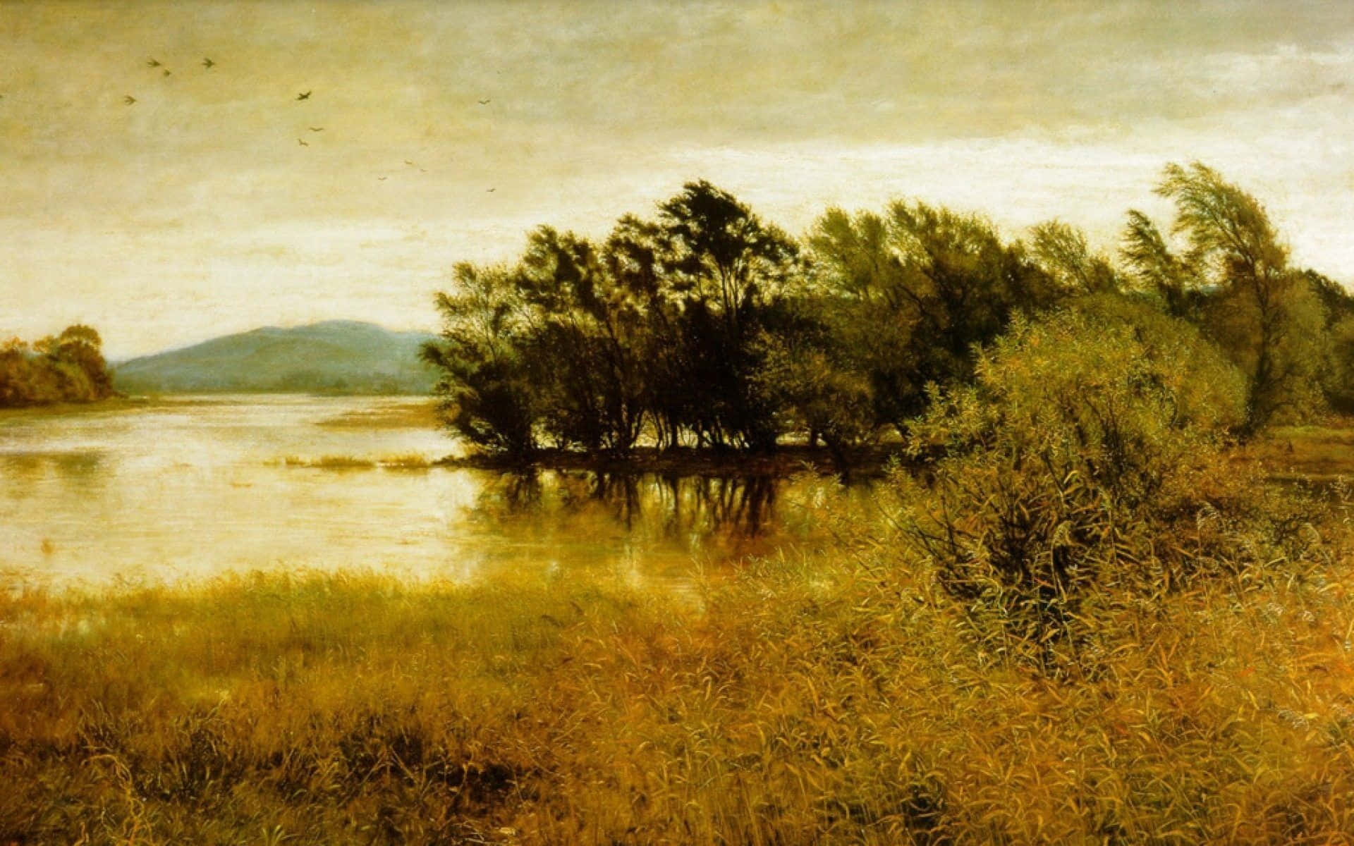 Impressionism 桌布 壁紙 — 寧靜的金色河岸，高草和深色樹木倒映在平靜的水面上，天空多雲，鳥兒飛翔。