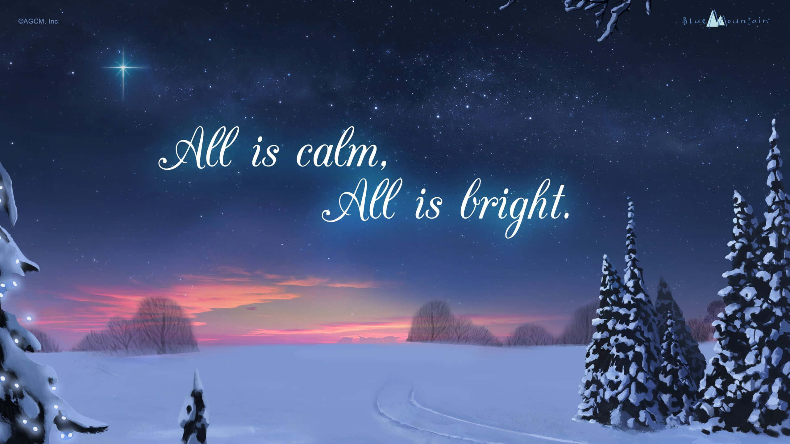 Religious Christmas 桌布 壁紙 — 寧靜的雪景，在星光燦爛的黃昏天空下，發光的文字寫著一切平靜，一切明亮。
